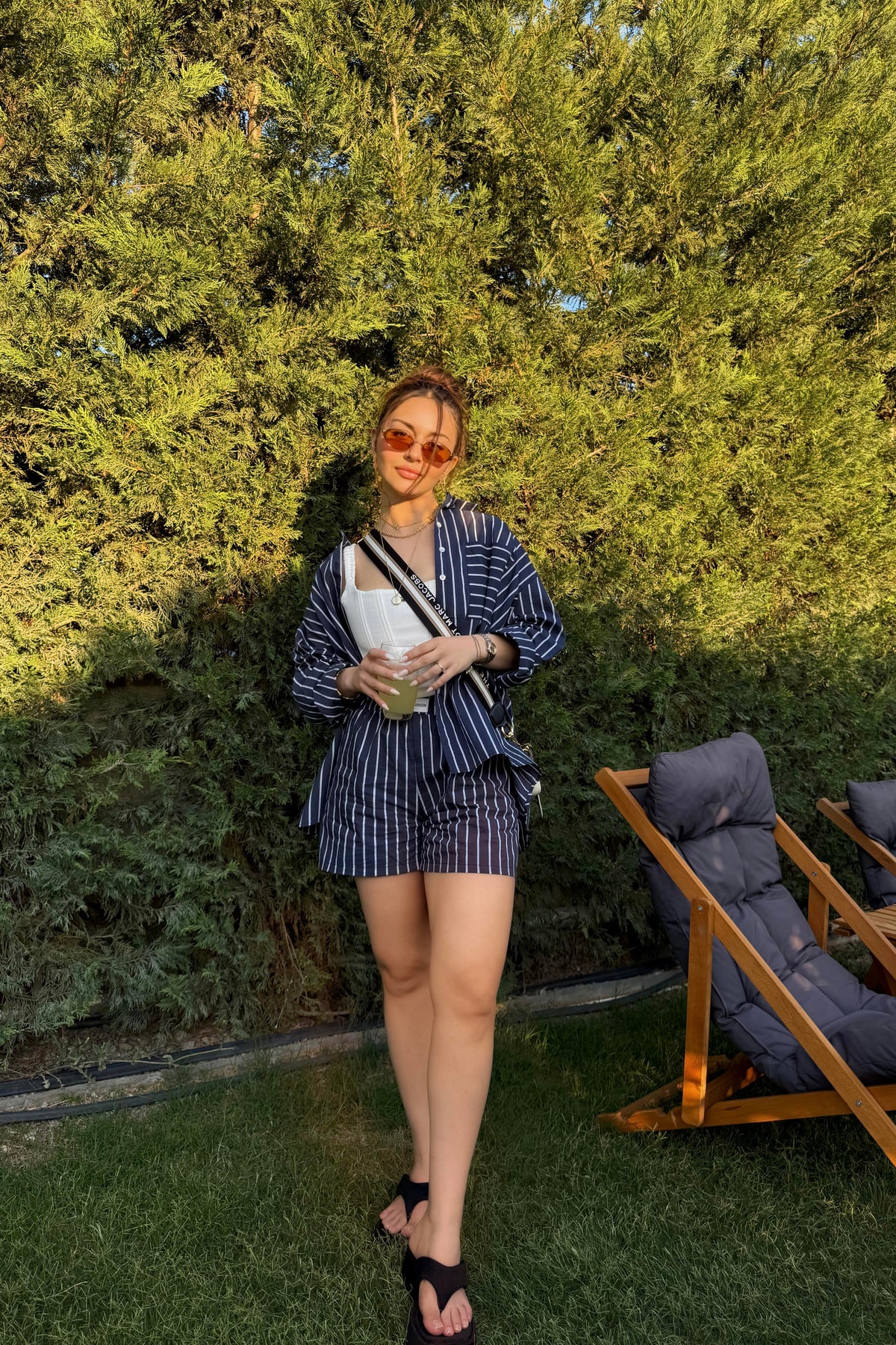 Oversize Çizgili Şort Gömlek Takım Lacivert