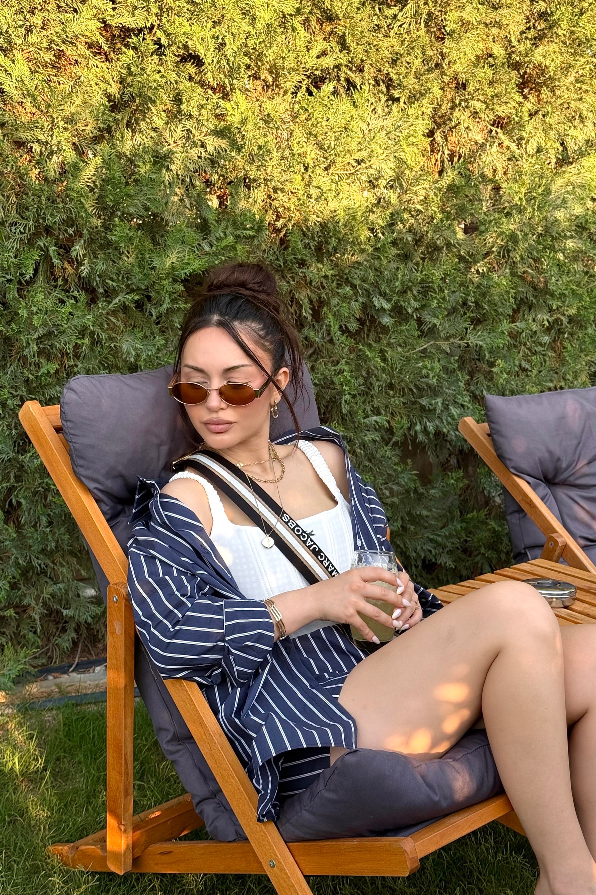 Oversize Çizgili Şort Gömlek Takım Lacivert