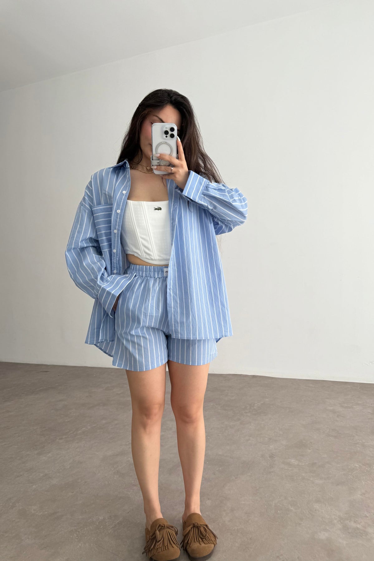 Oversize Çizgili Şort Gömlek Takım Mavi