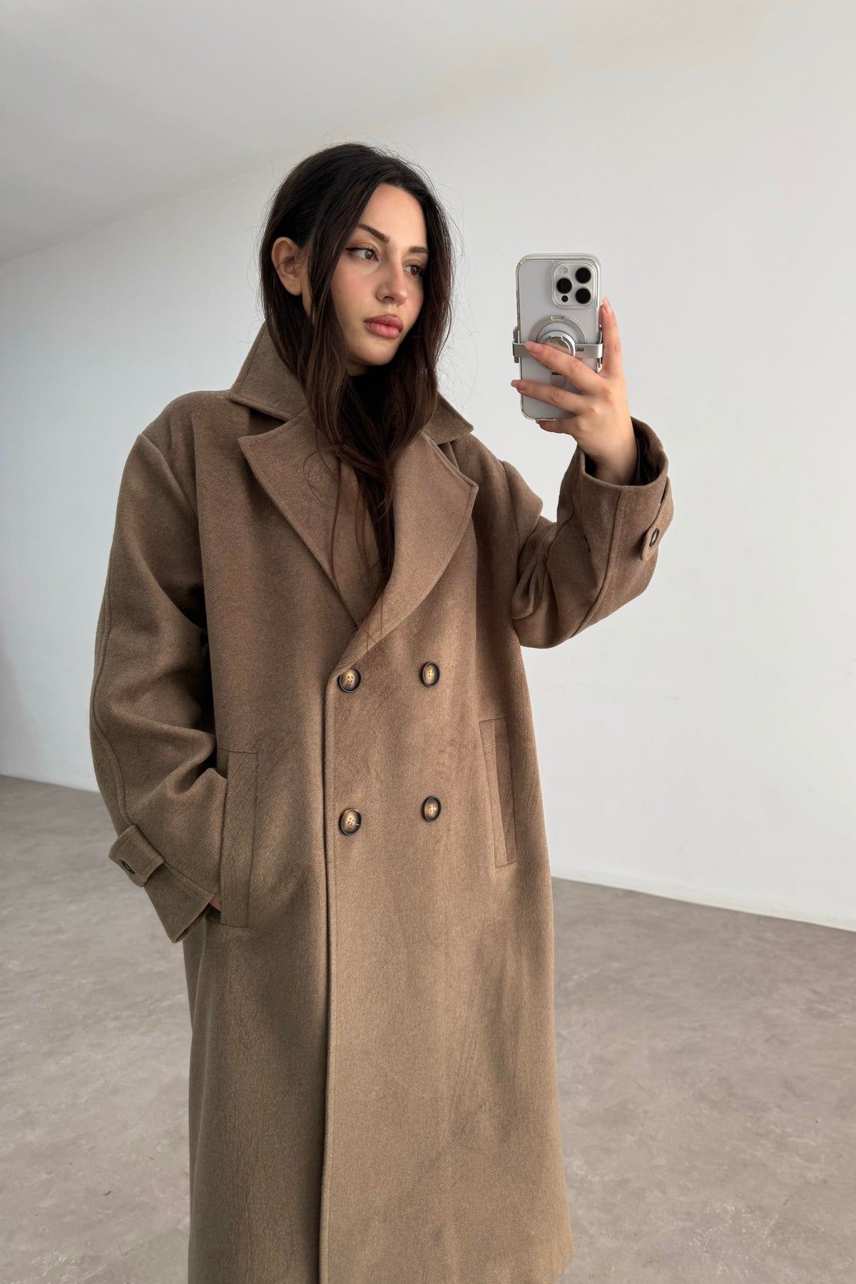 Oversize Kesim Düğmeli Kruvaze Kahve Kaban