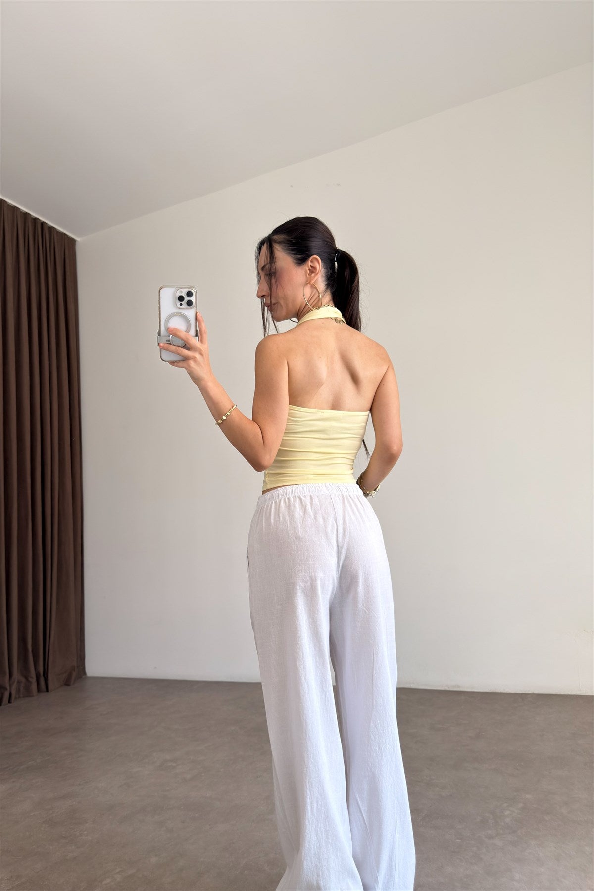 Pamuk Keten Beyaz Lastikli Pantolon
