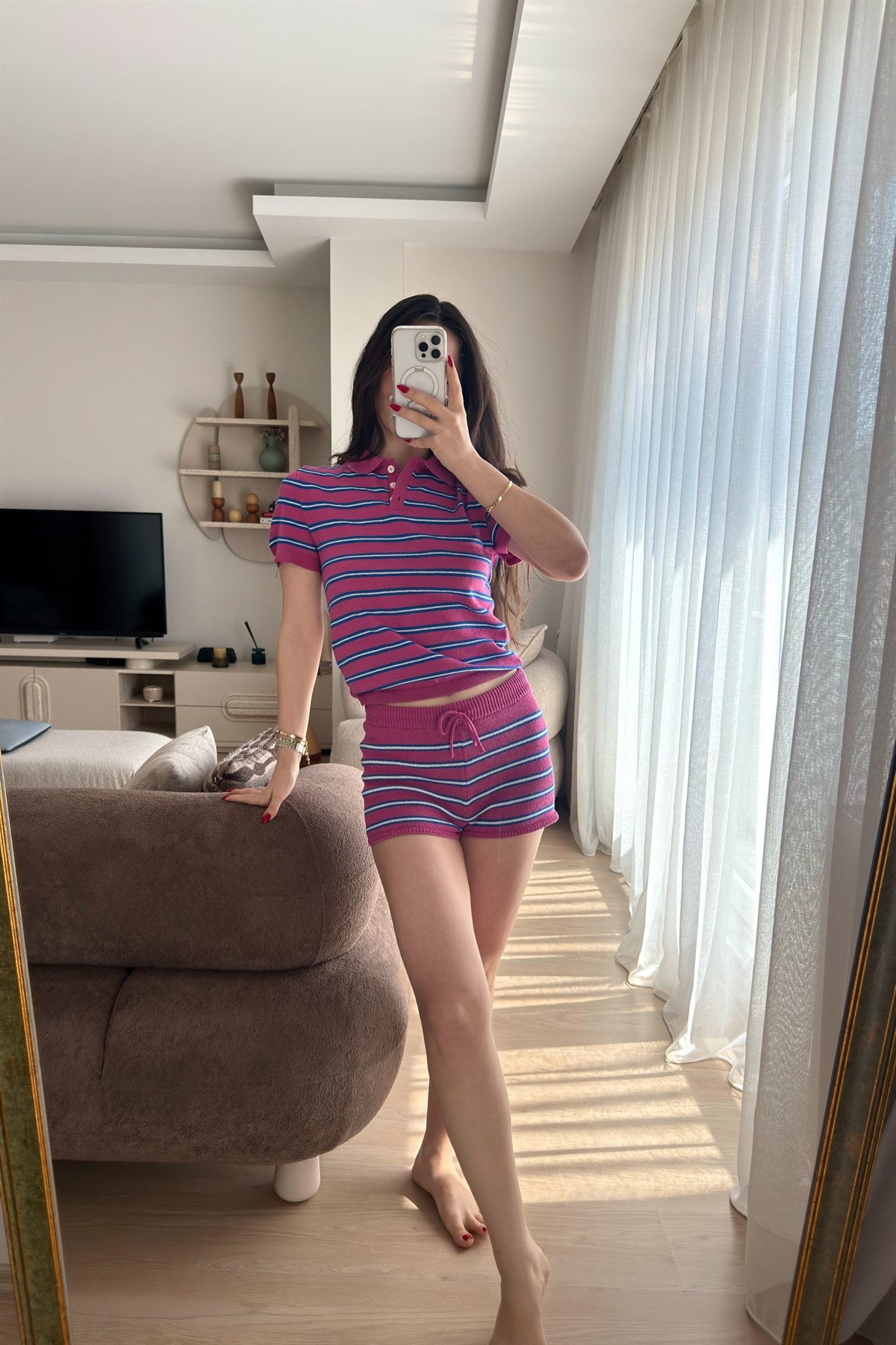 PB Orijinal Mavi Çizgili Pembe Merserize Örgü Takım