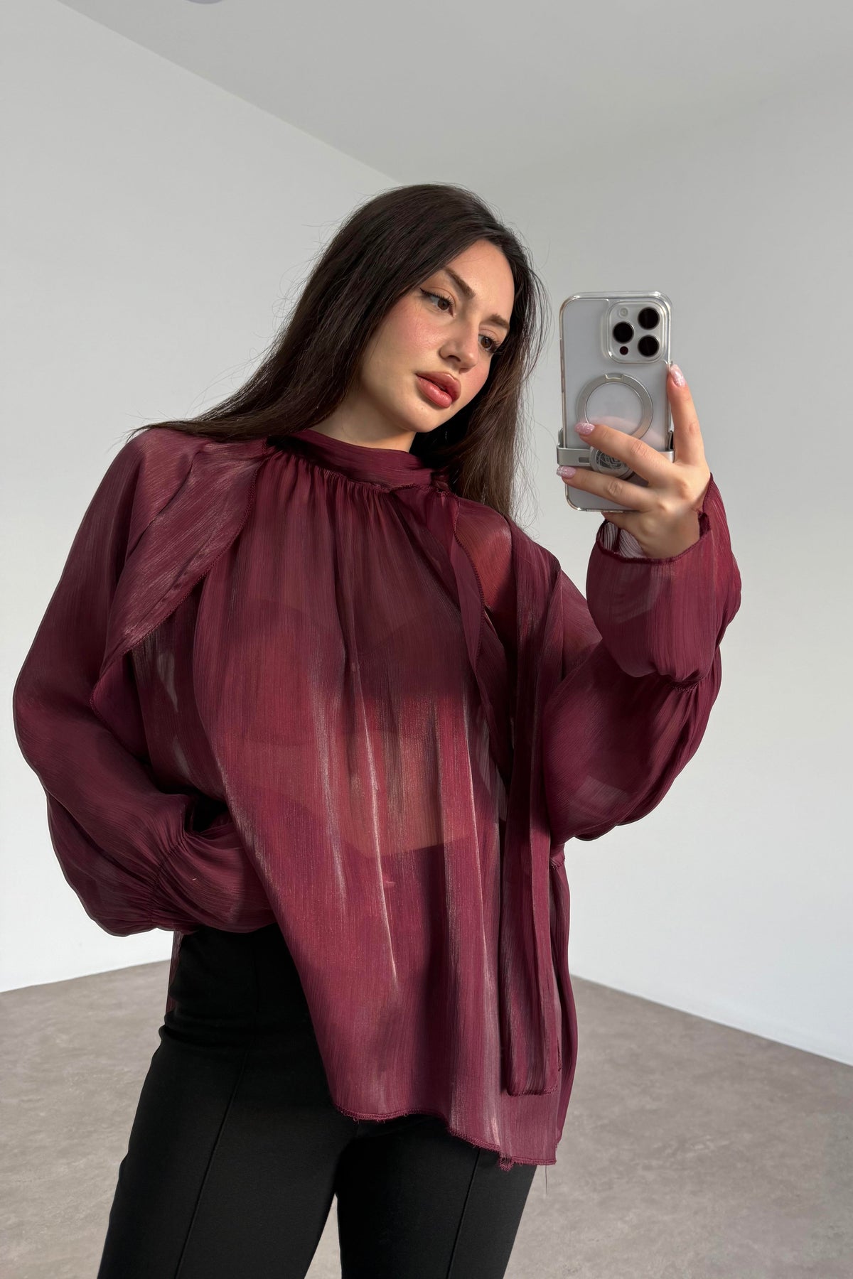 Peri Kumaş Bağlama Detaylı Bordo Şık Bluz