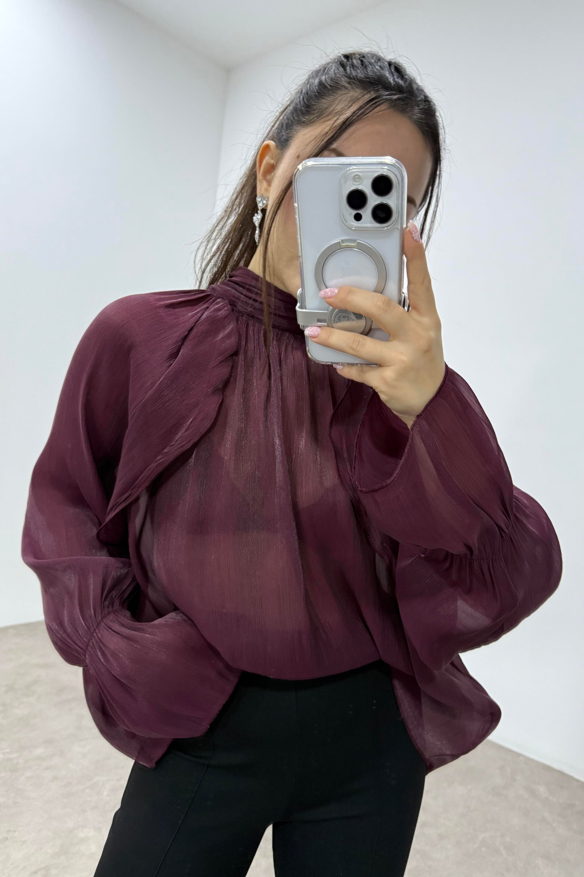 Peri Kumaş Bağlama Detaylı Bordo Şık Bluz