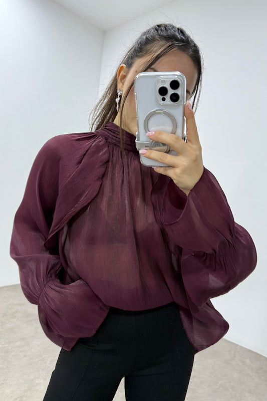 Peri Kumaş Bağlama Detaylı Bordo Şık Bluz