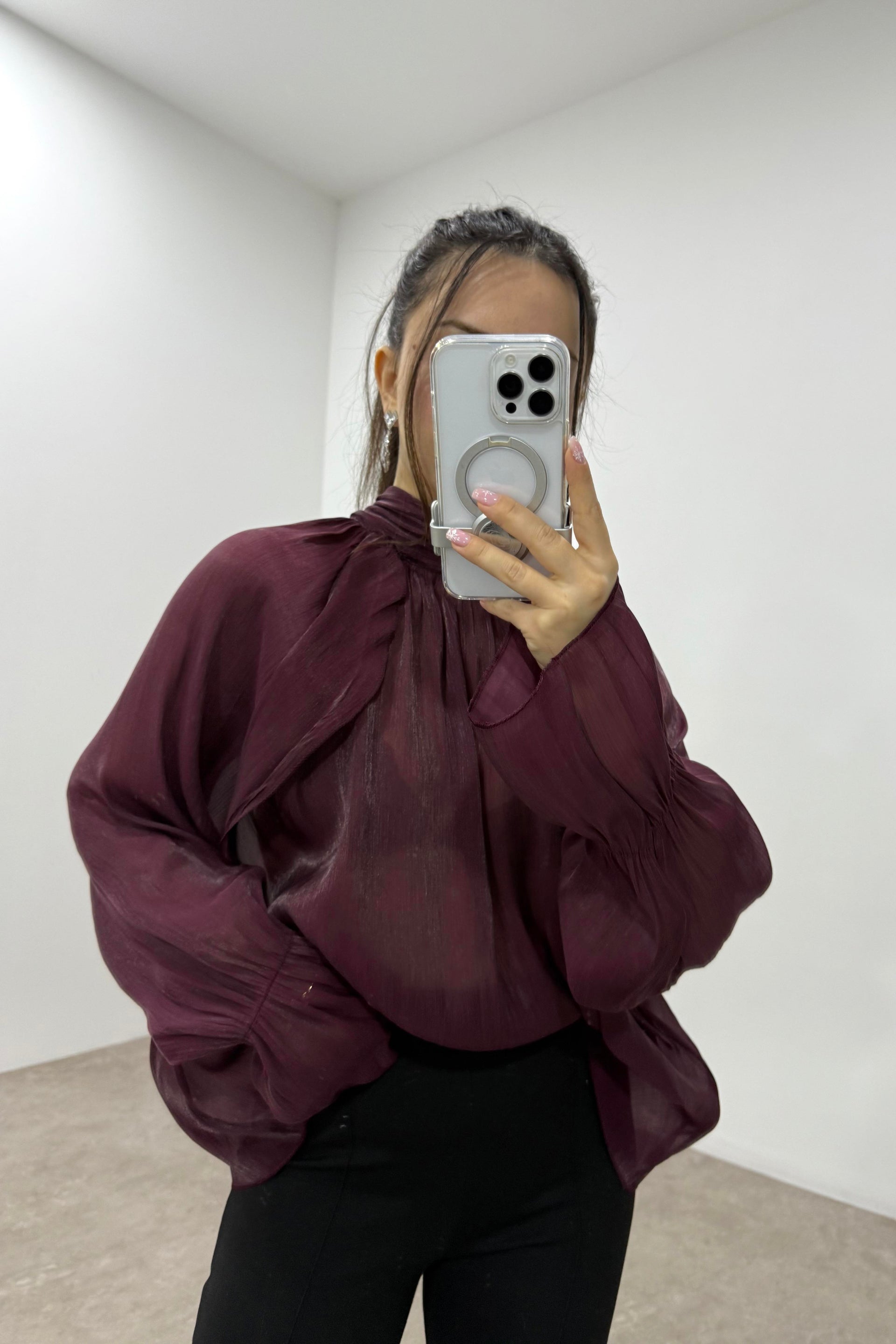 Peri Kumaş Bağlama Detaylı Bordo Şık Bluz