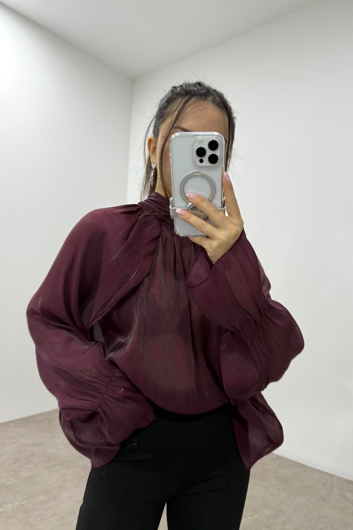 Peri Kumaş Bağlama Detaylı Bordo Şık Bluz