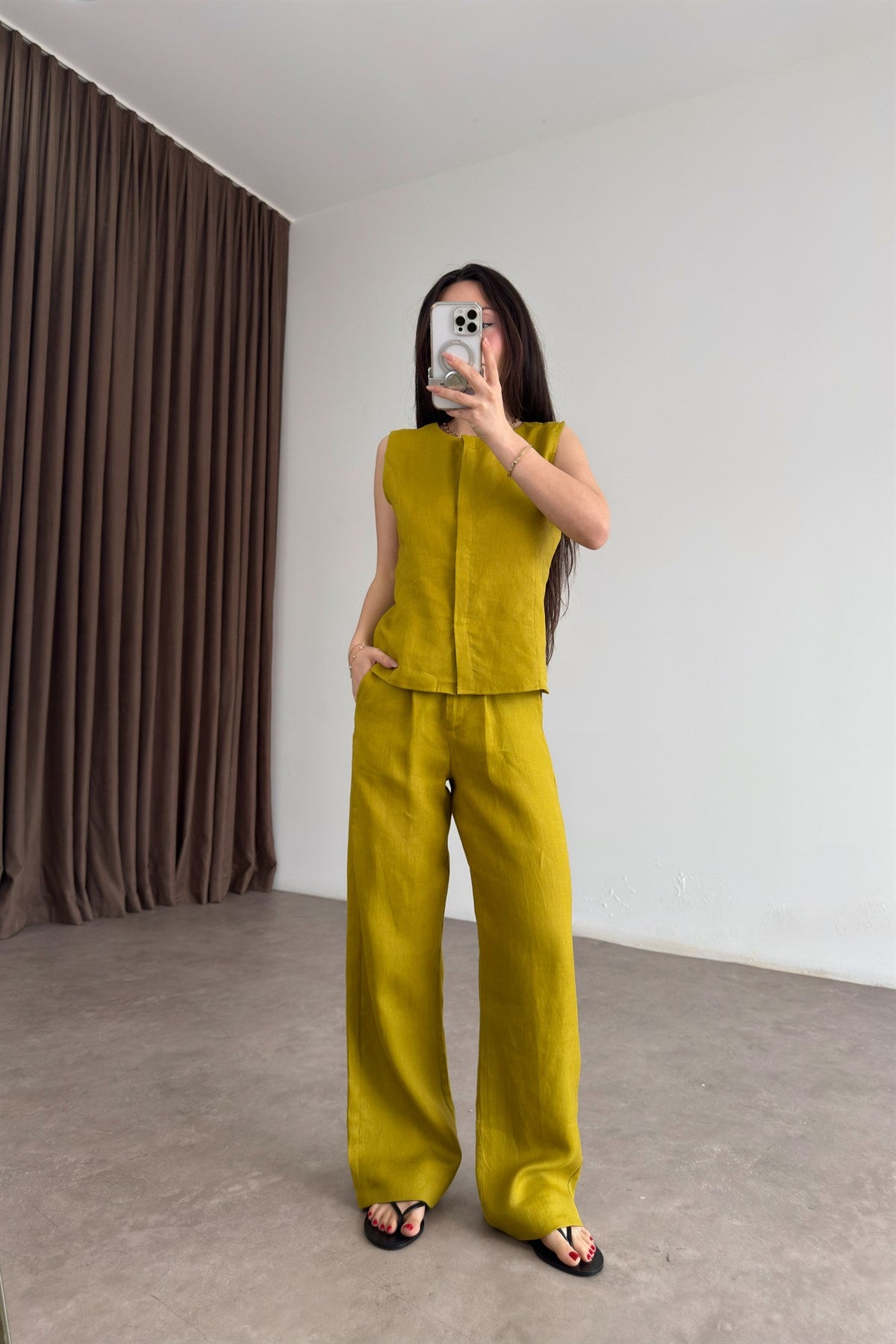 Premium %100 Keten Yağ Yeşili Pantolon Takım