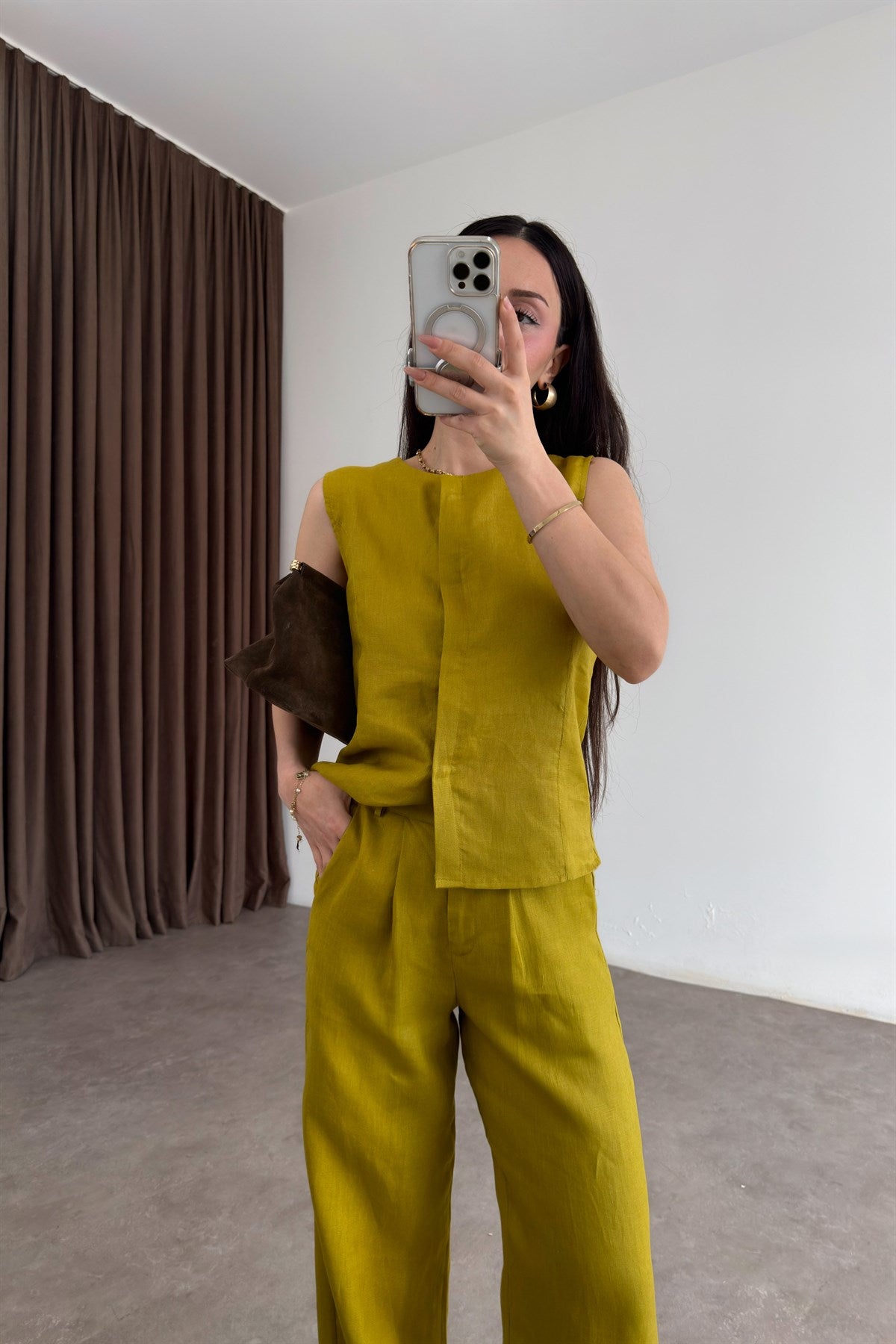Premium %100 Keten Yağ Yeşili Pantolon Takım