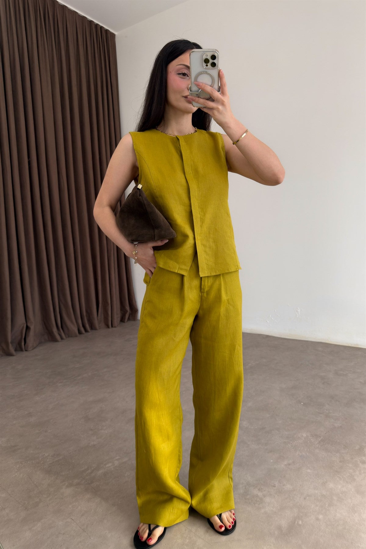 Premium %100 Keten Yağ Yeşili Pantolon Takım