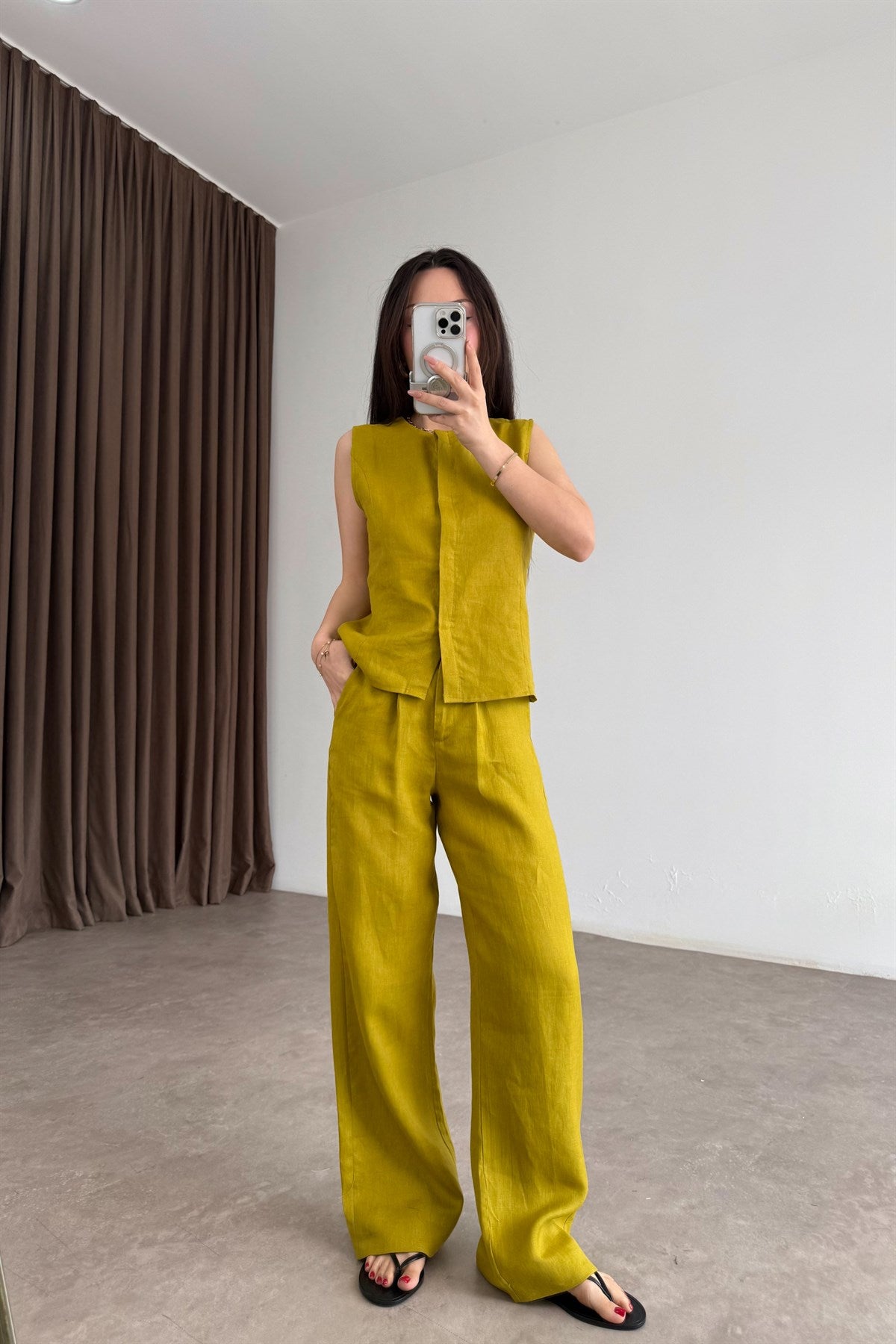 Premium %100 Keten Yağ Yeşili Pantolon Takım