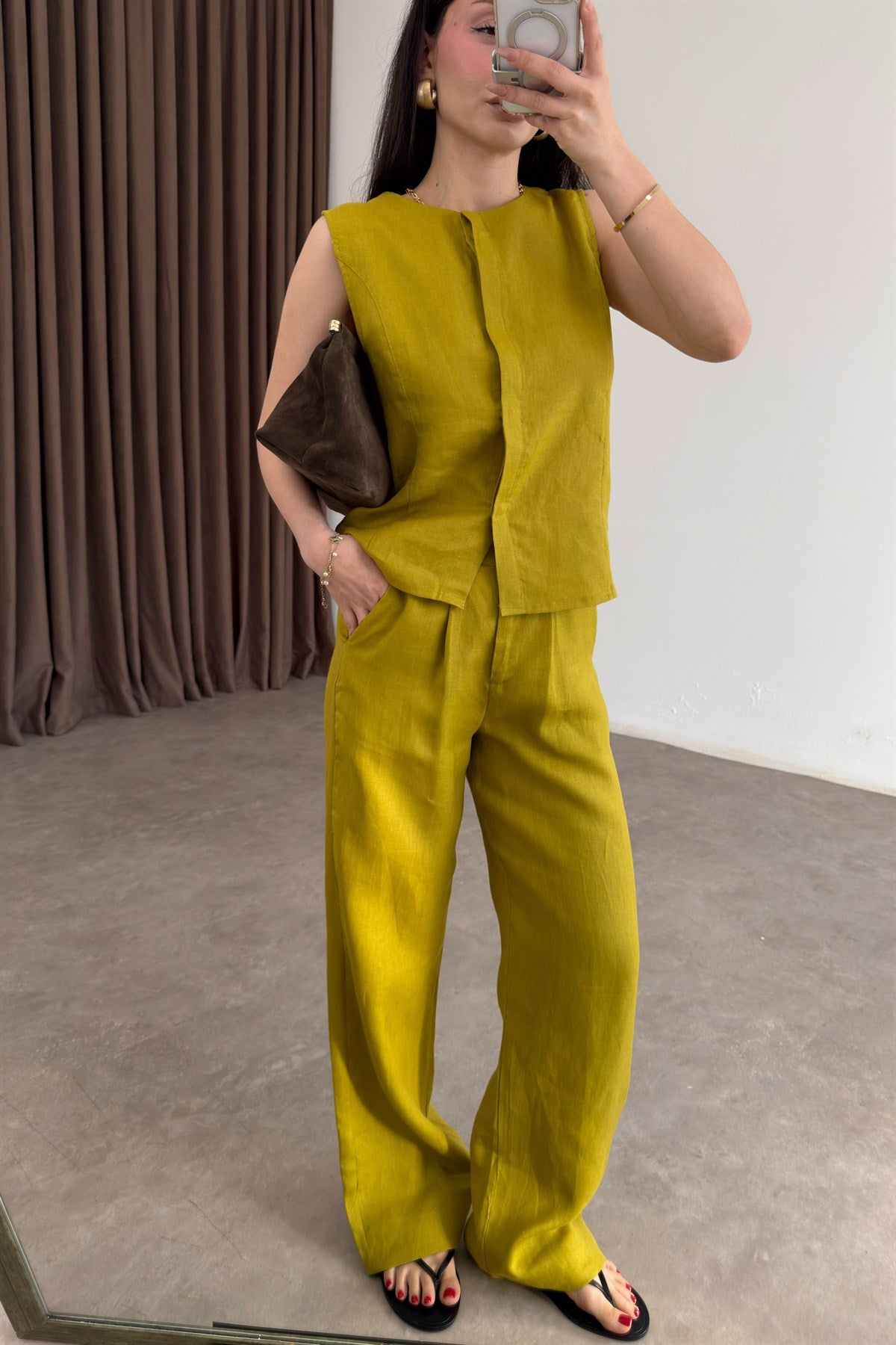 Premium %100 Keten Yağ Yeşili Pantolon Takım
