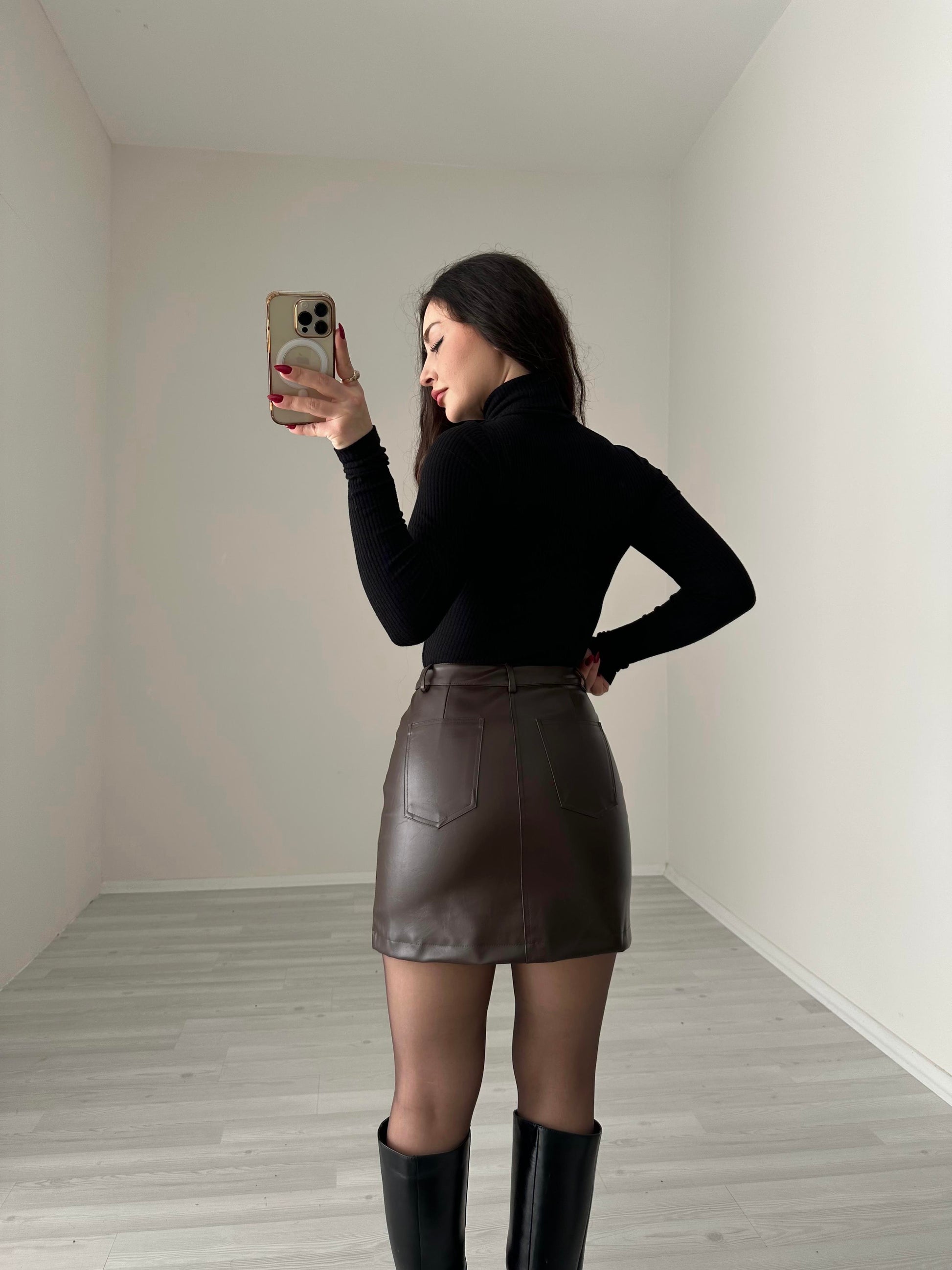 Premium Acı Kahve Deri Mini Etek