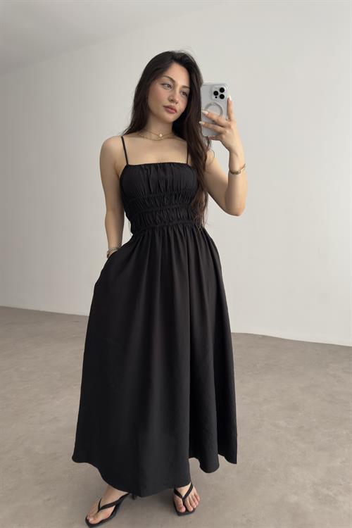 Premium Askılı Beli Lastikli Midi Elbise Siyah