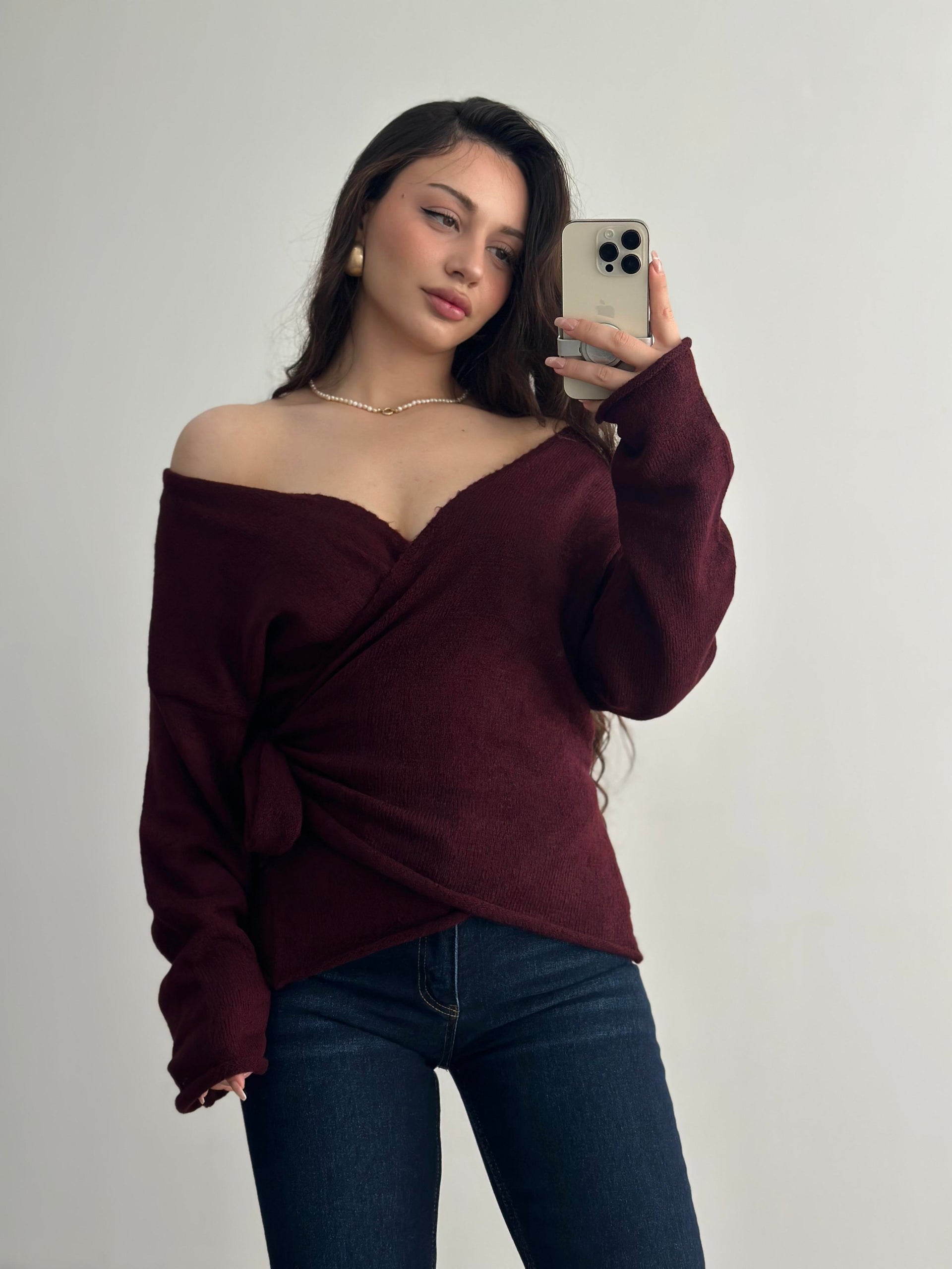 Premium Bağlama Detaylı Bordo Kazak