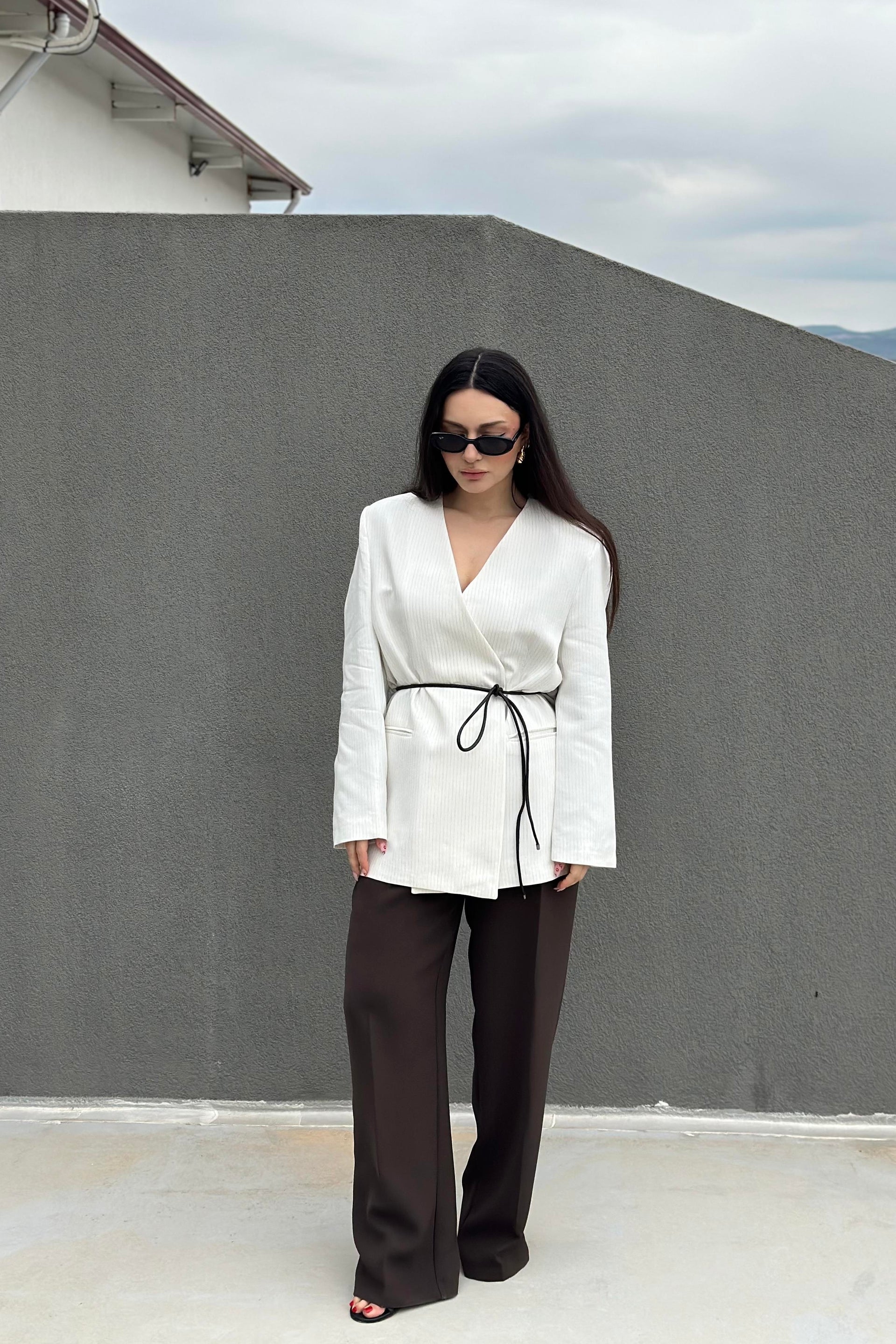 Premium Bağlama Detaylı Çizgili Blazer Ceket