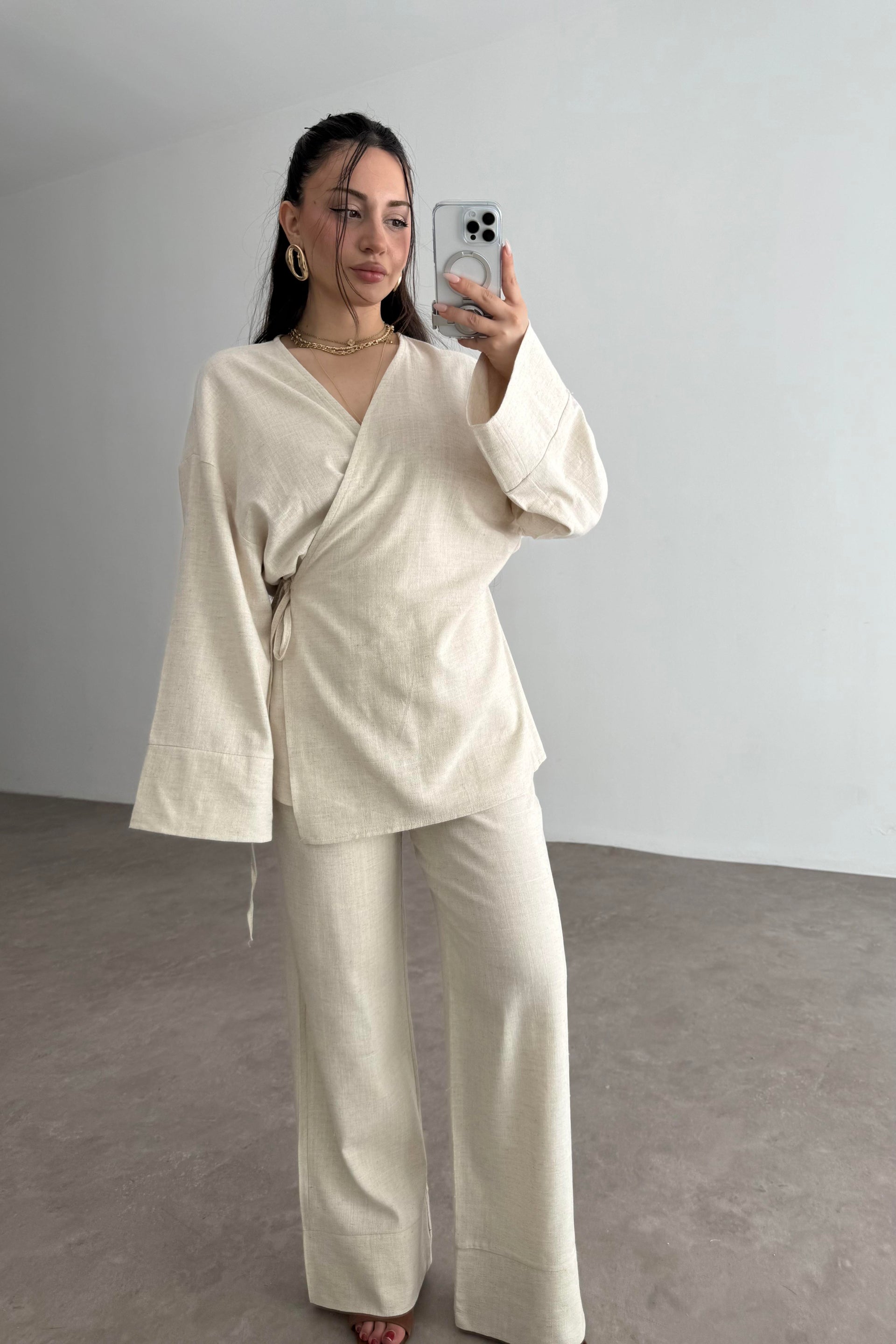 Premium Bağlama Detaylı Keten Kimono Takım Natural