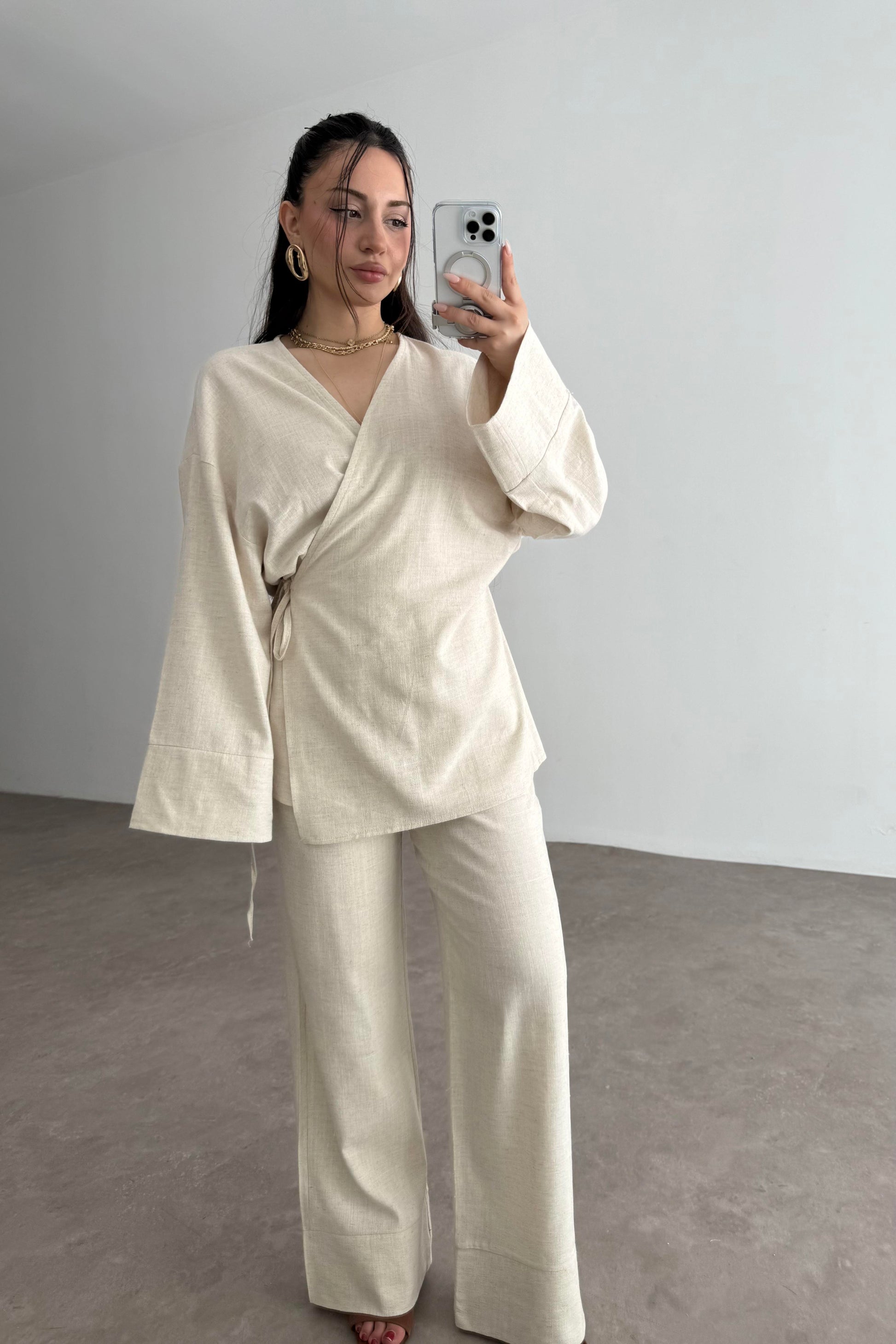 Premium Bağlama Detaylı Keten Kimono Takım Natural