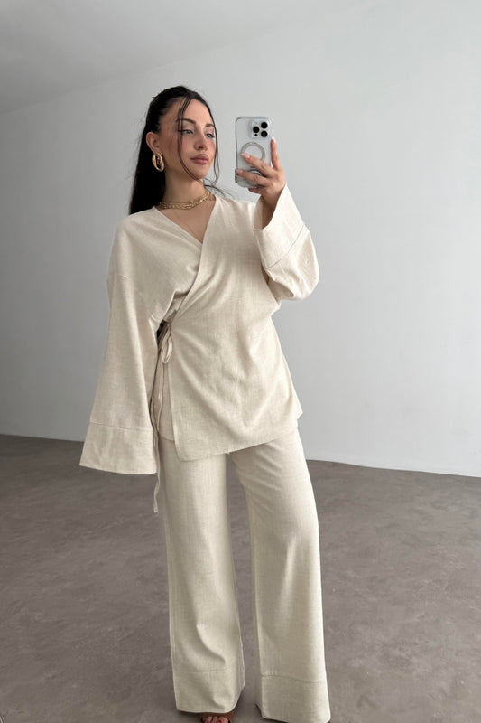 Premium Bağlama Detaylı Keten Kimono Takım Natural