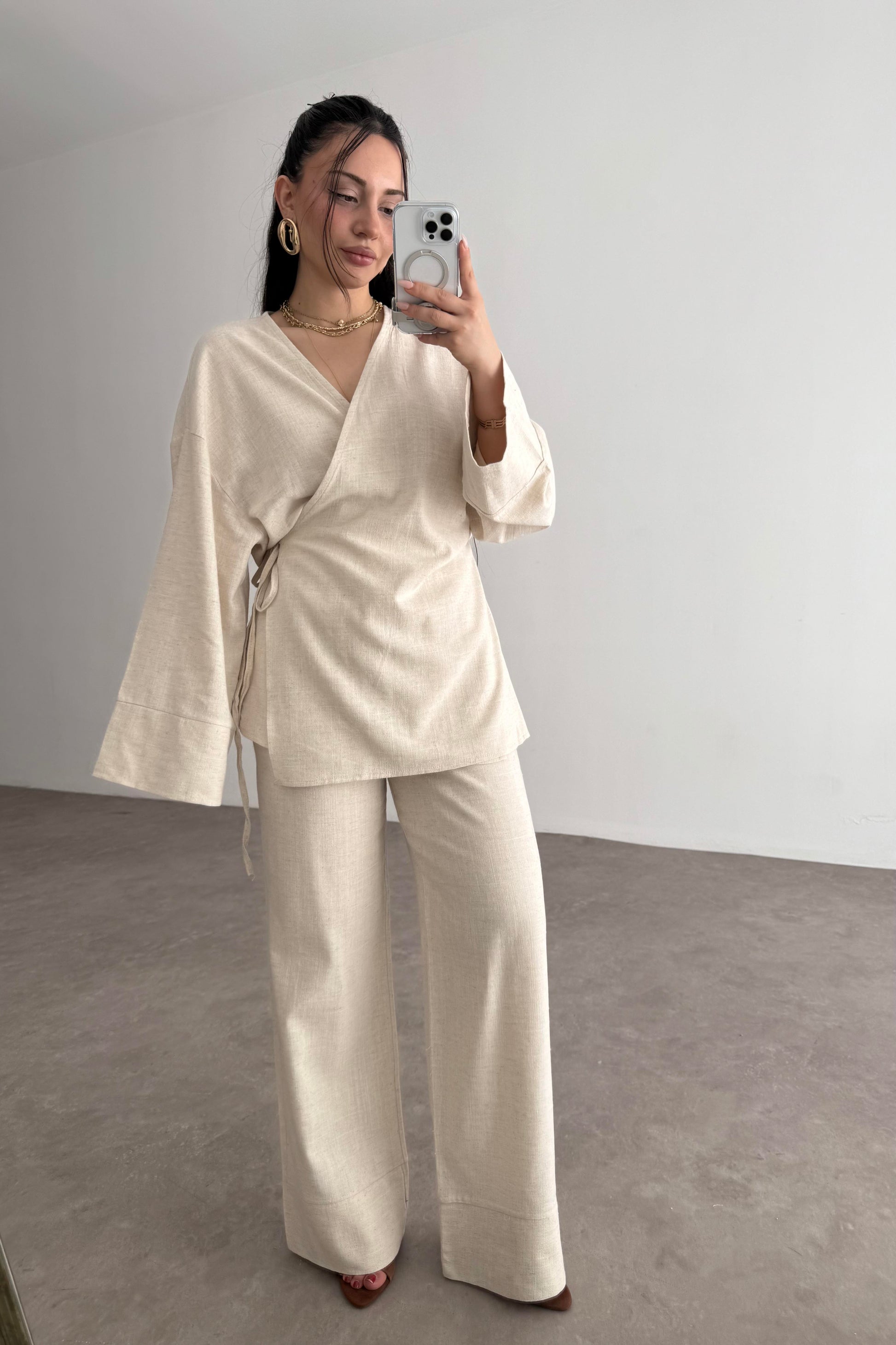 Premium Bağlama Detaylı Keten Kimono Takım Natural