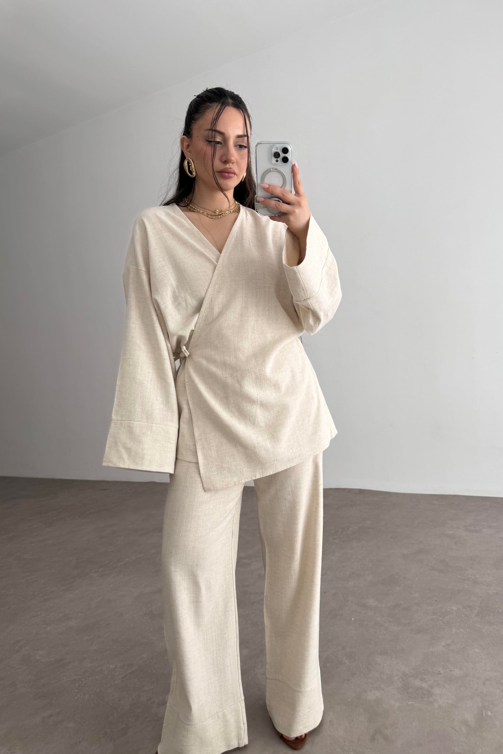Premium Bağlama Detaylı Keten Kimono Takım Natural