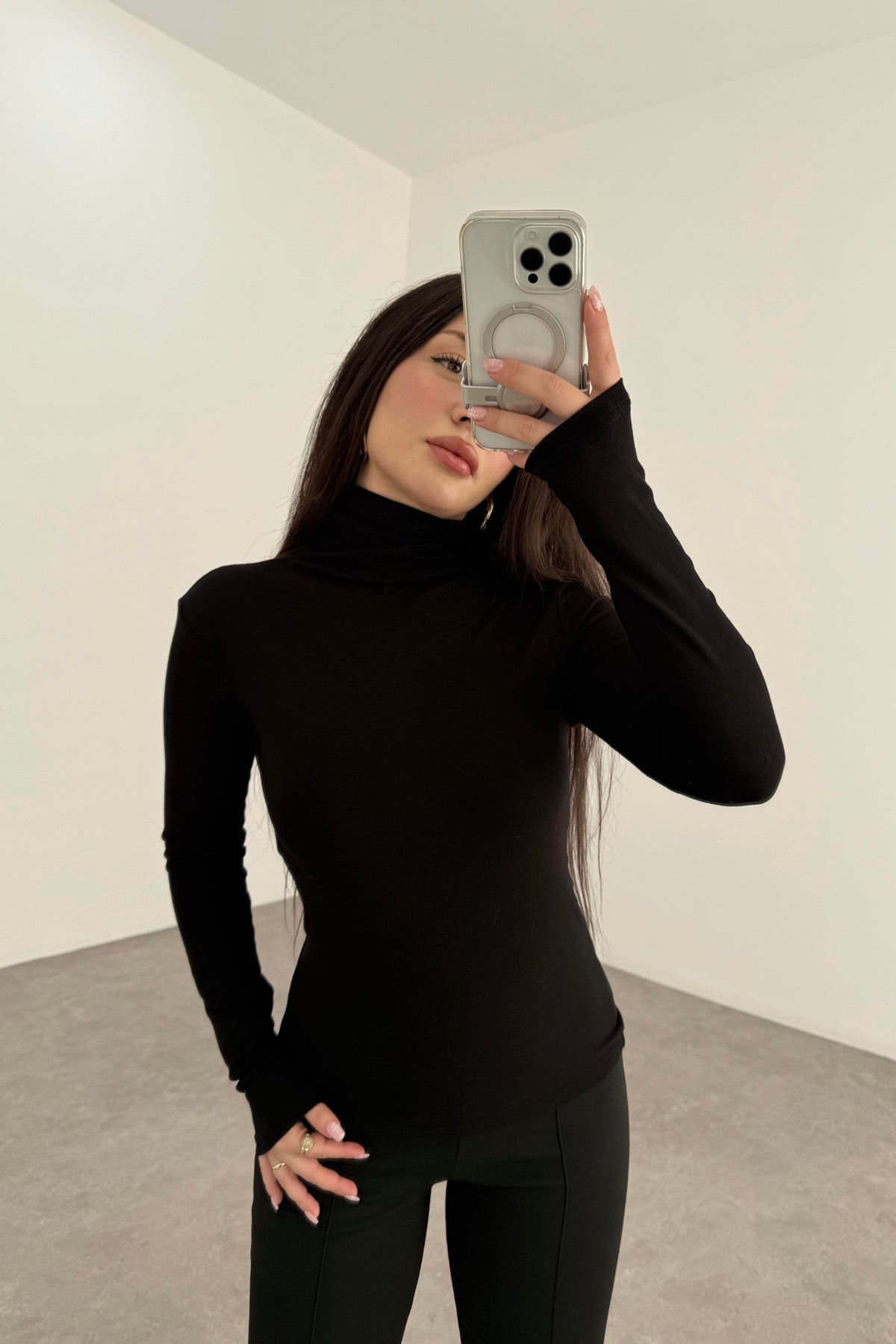Premium Balıkçı Yaka Kaşmir Dokulu Siyah Body