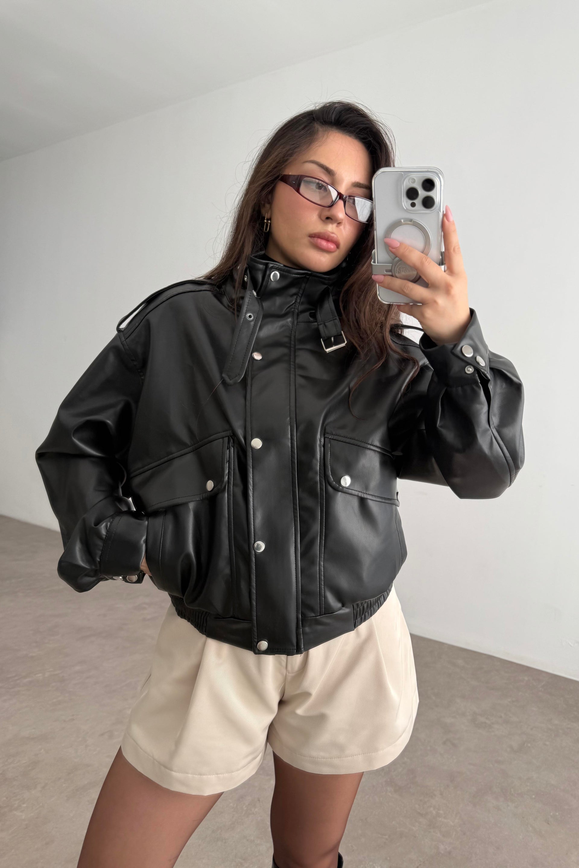 Premium Biker Model Dik Yakalı Deri Ceket