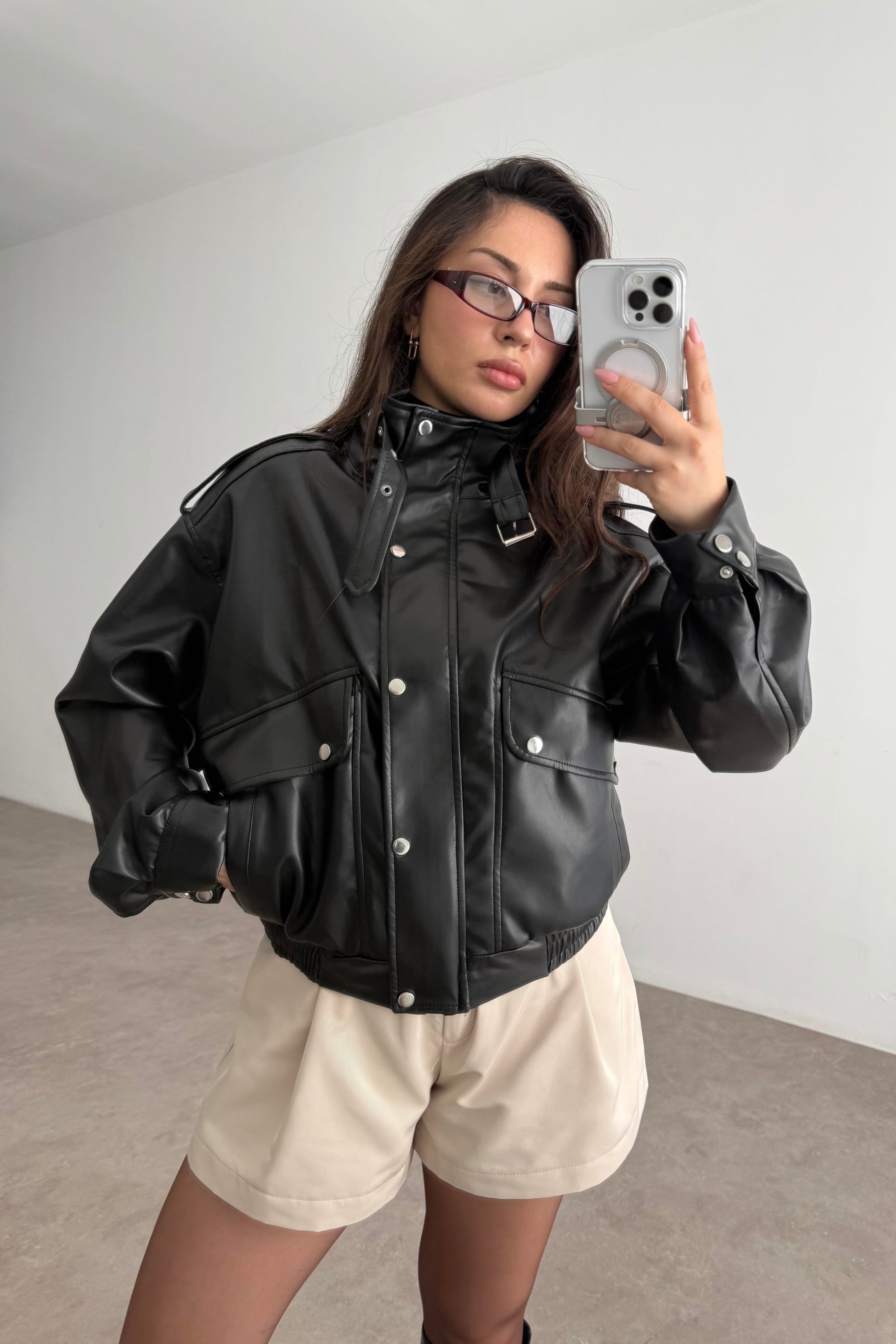 Premium Biker Model Dik Yakalı Deri Ceket