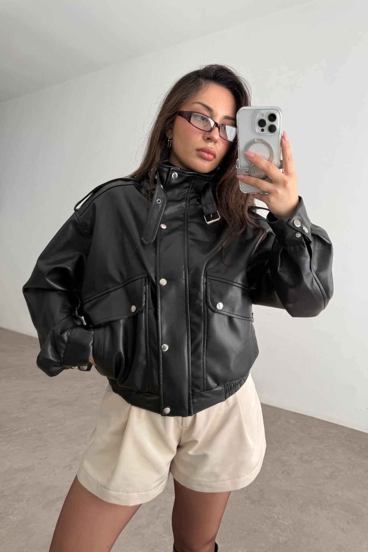 Premium Biker Model Dik Yakalı Deri Ceket