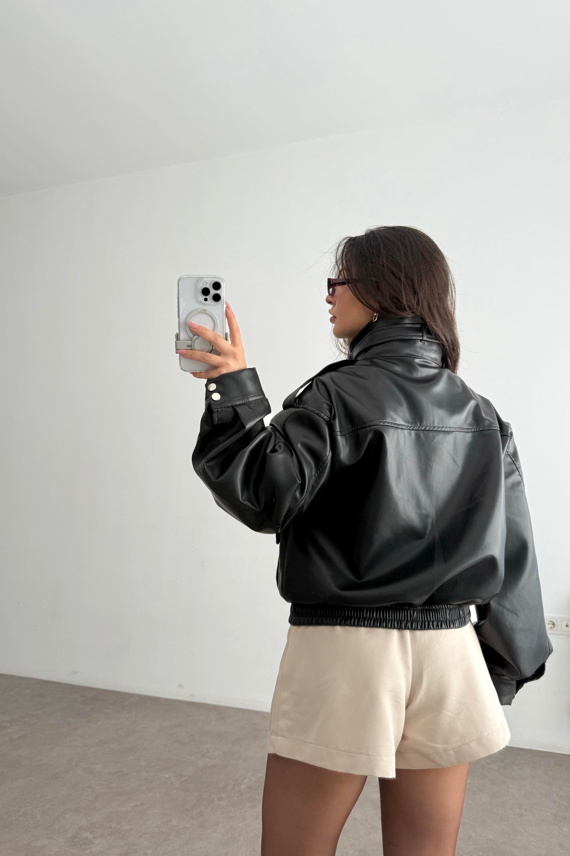 Premium Biker Model Dik Yakalı Deri Ceket