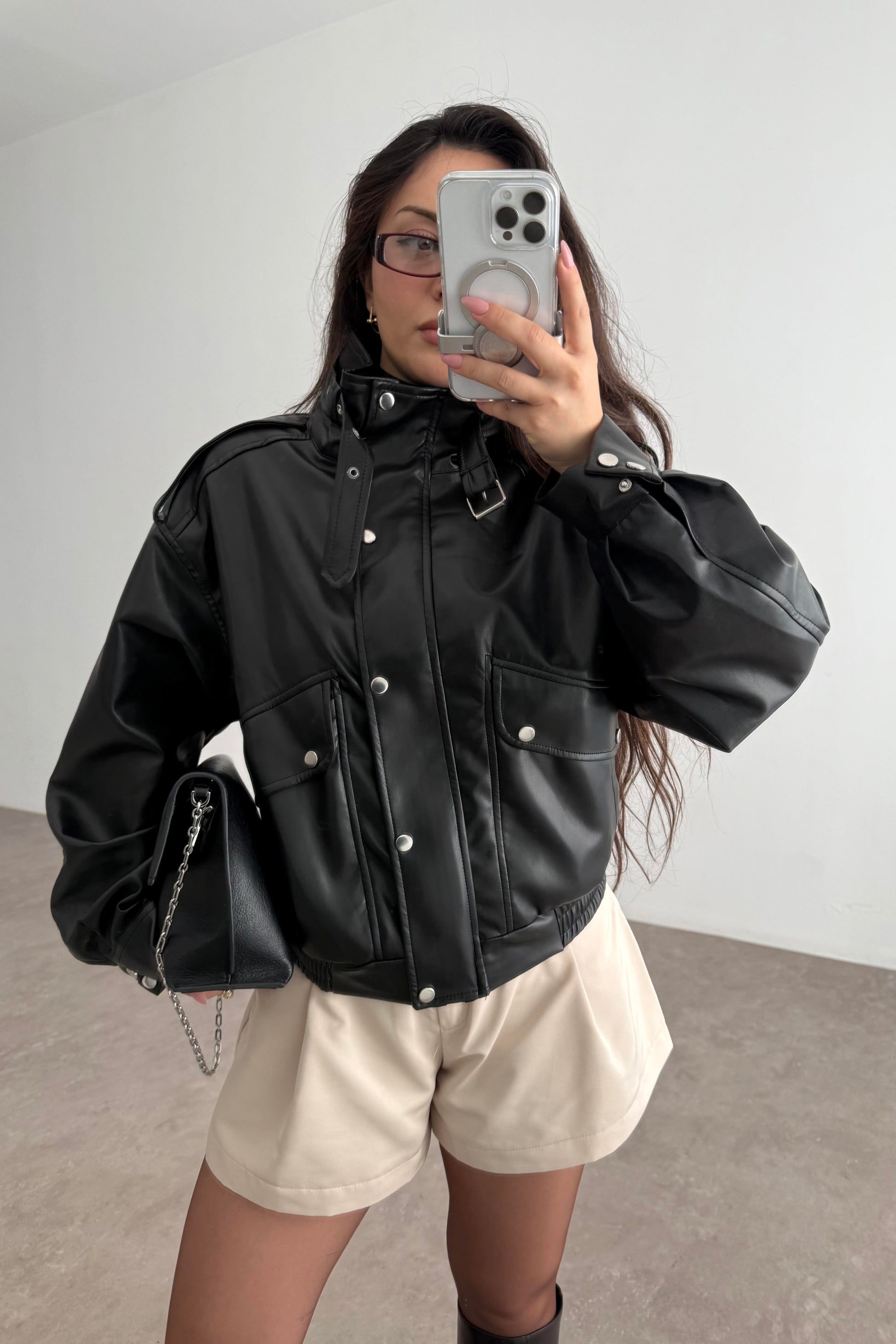 Premium Biker Model Dik Yakalı Deri Ceket