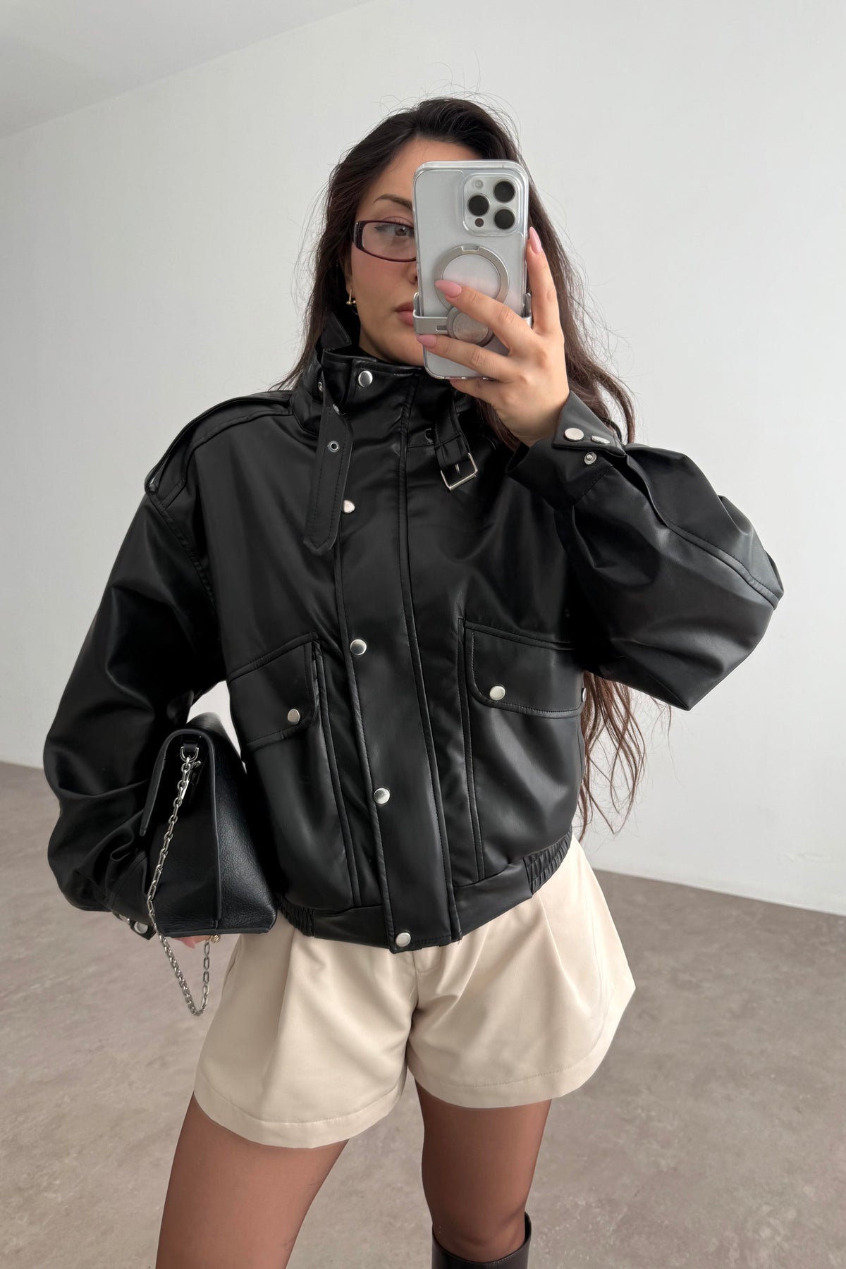 Premium Biker Model Dik Yakalı Deri Ceket
