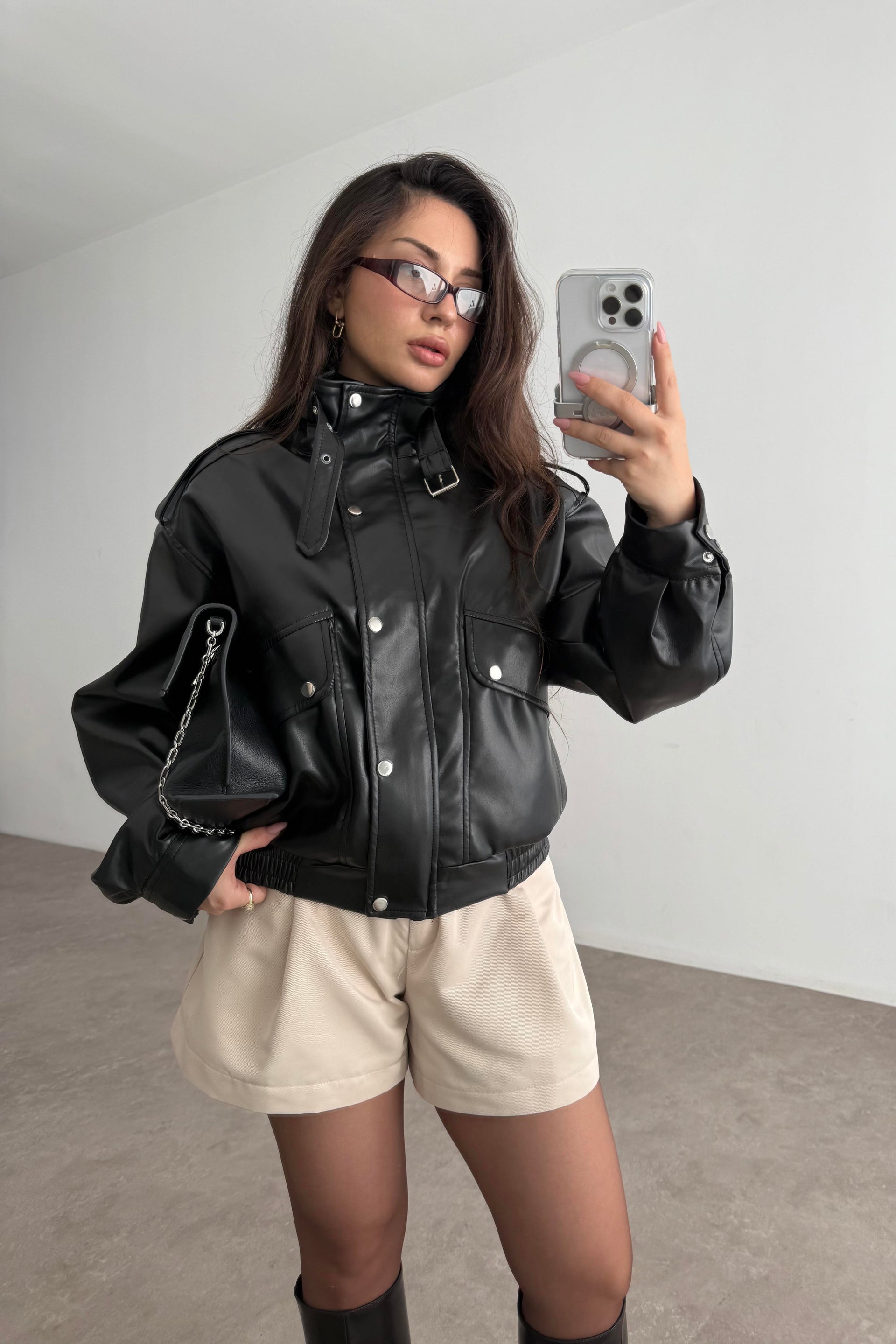 Premium Biker Model Dik Yakalı Deri Ceket