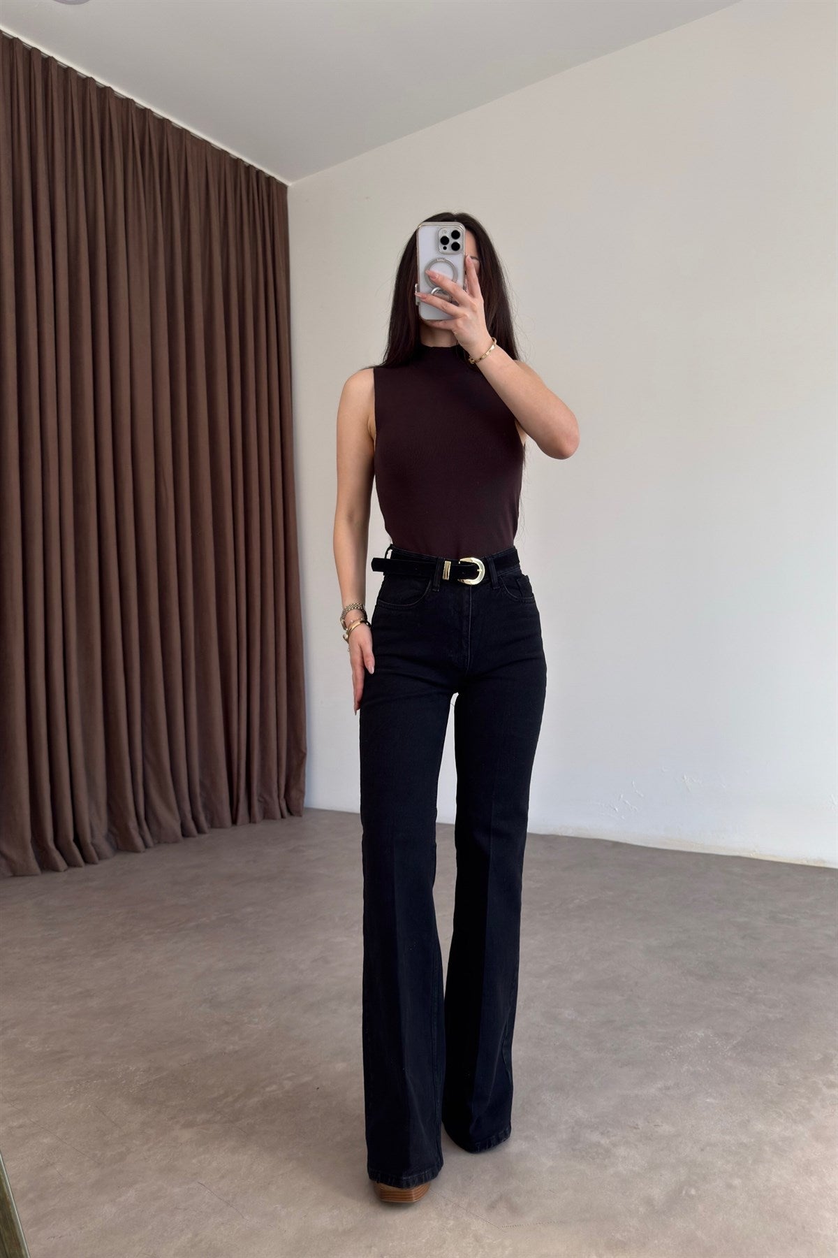 Premium Boho Kemerli Flare Smoke Jean