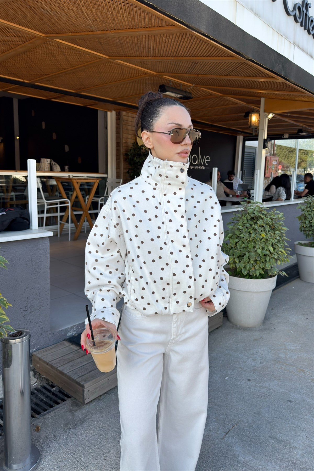 Premium Bomber Dik Yakalı Kahve Puantiyeli Ekru Ceket