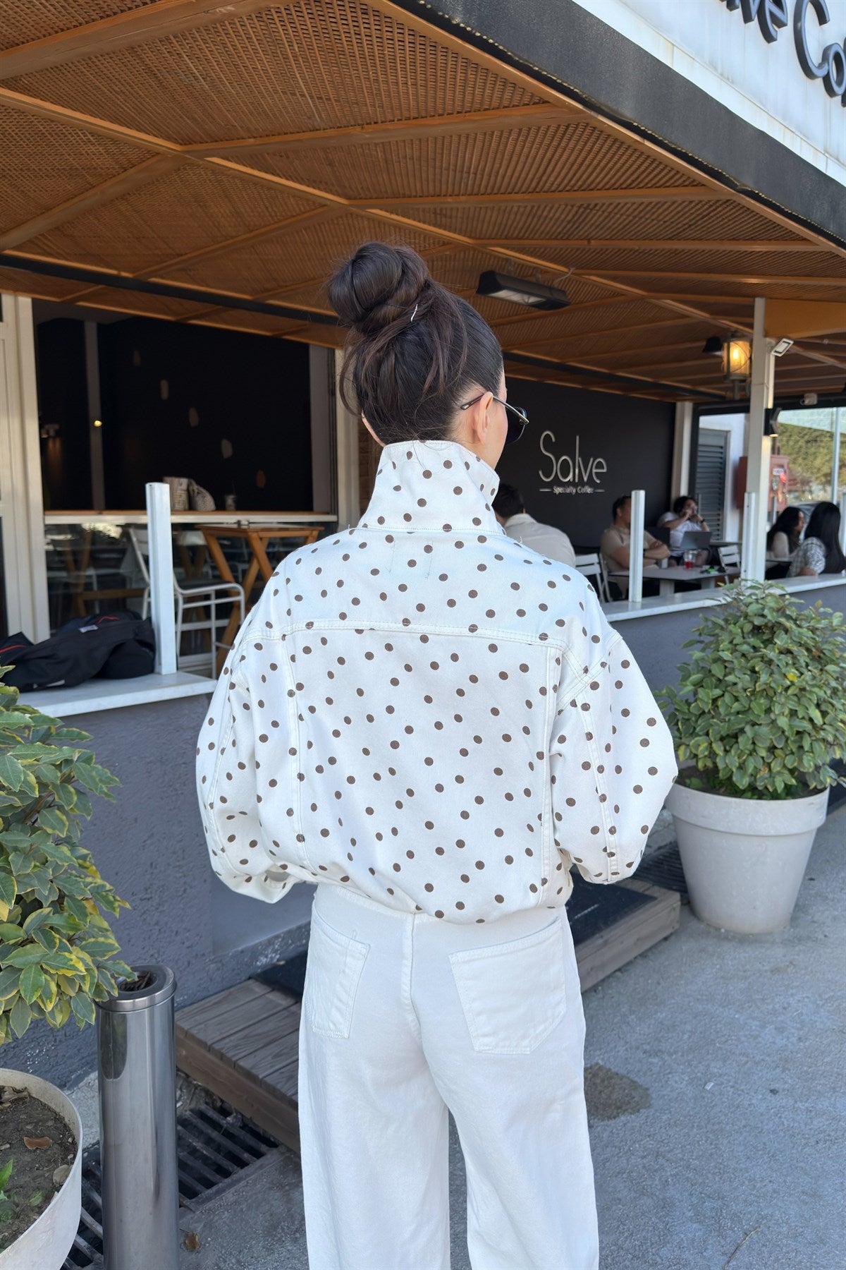 Premium Bomber Dik Yakalı Kahve Puantiyeli Ekru Ceket