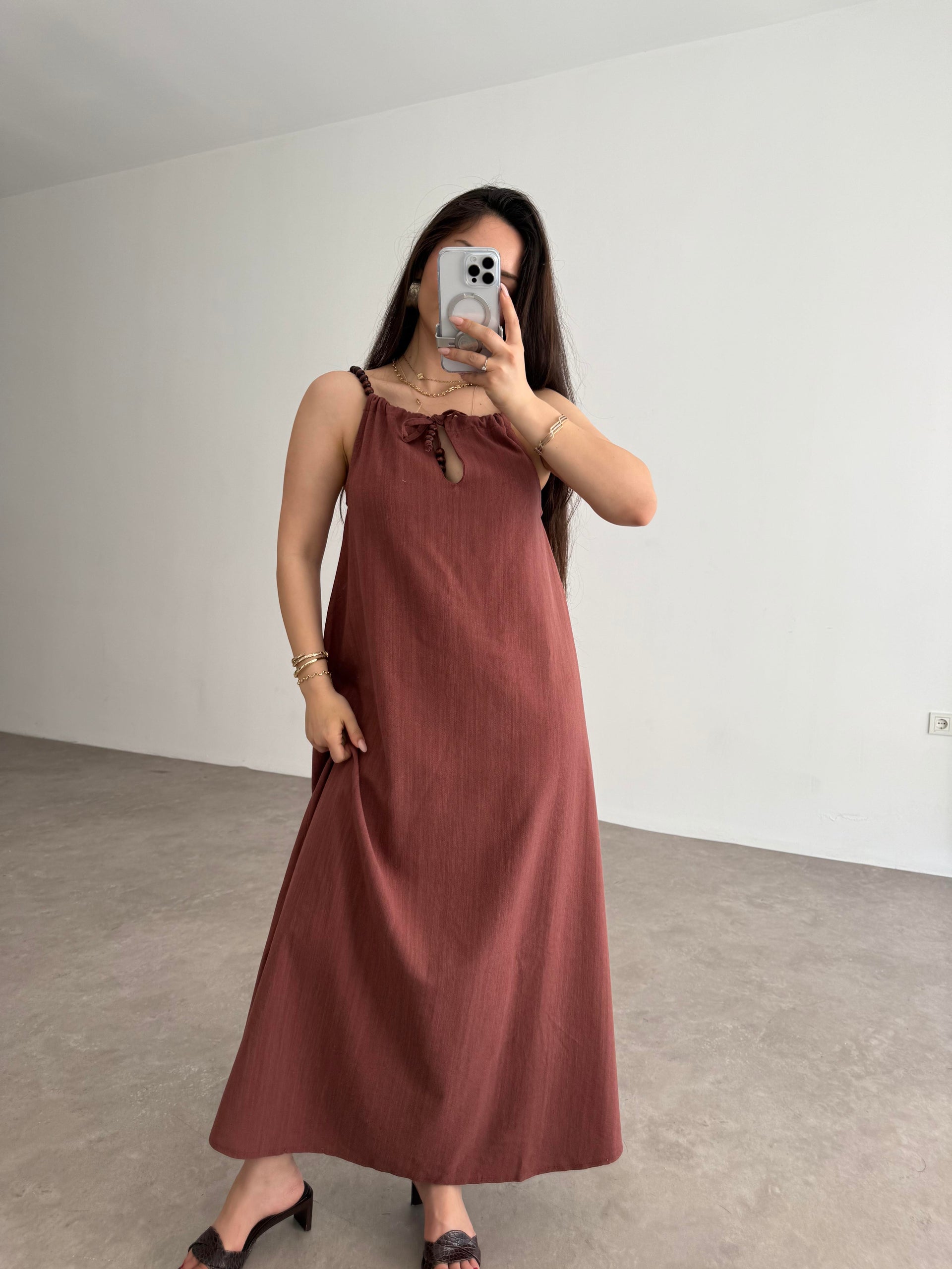 Premium Boncuk Askılı Elbise Mürdüm