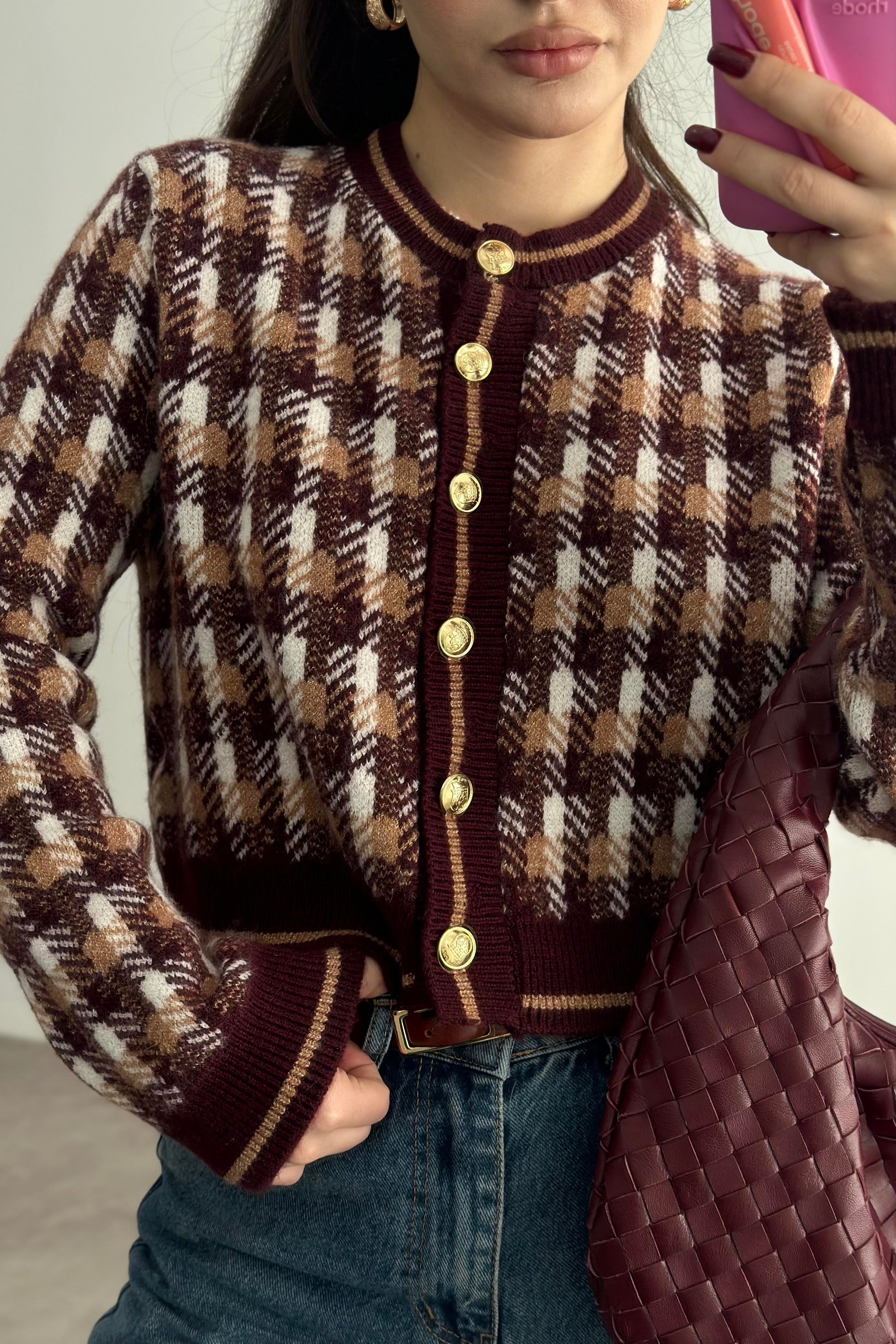 Premium Bordo Desenli Gold Düğmeli  Hırka