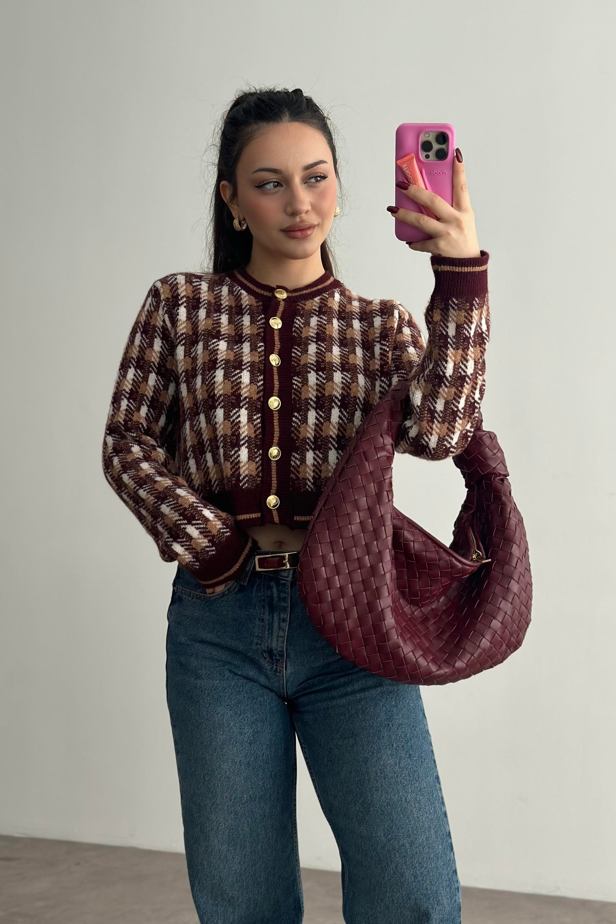Premium Bordo Desenli Gold Düğmeli  Hırka
