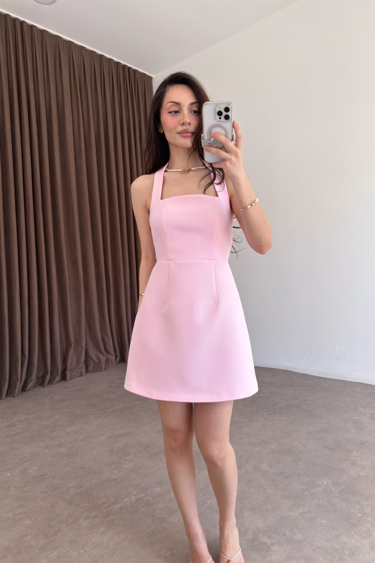 Premium Boyundan Askılı Kalın Krep Kısa Pembe Elbise