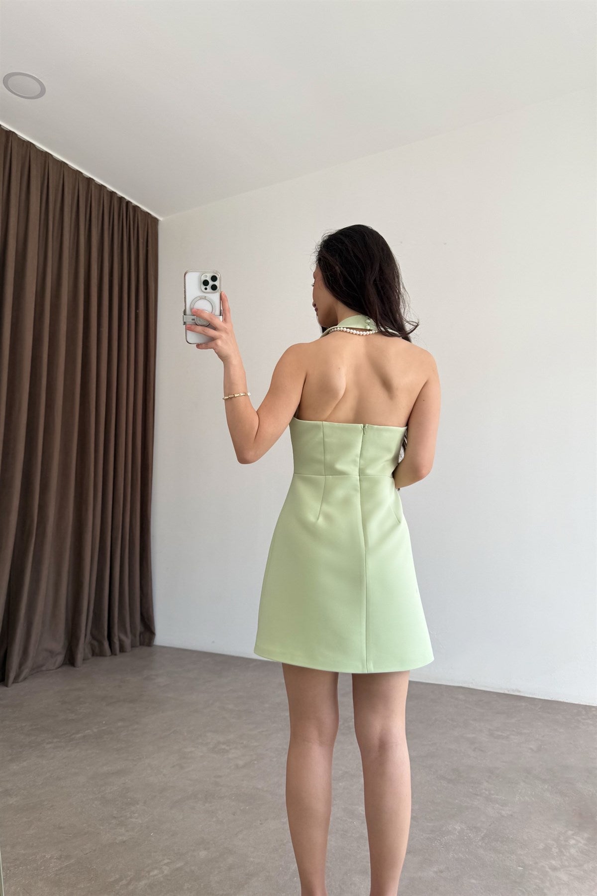 Premium Boyundan Askılı Kalın Krep Kısa Mint Elbise