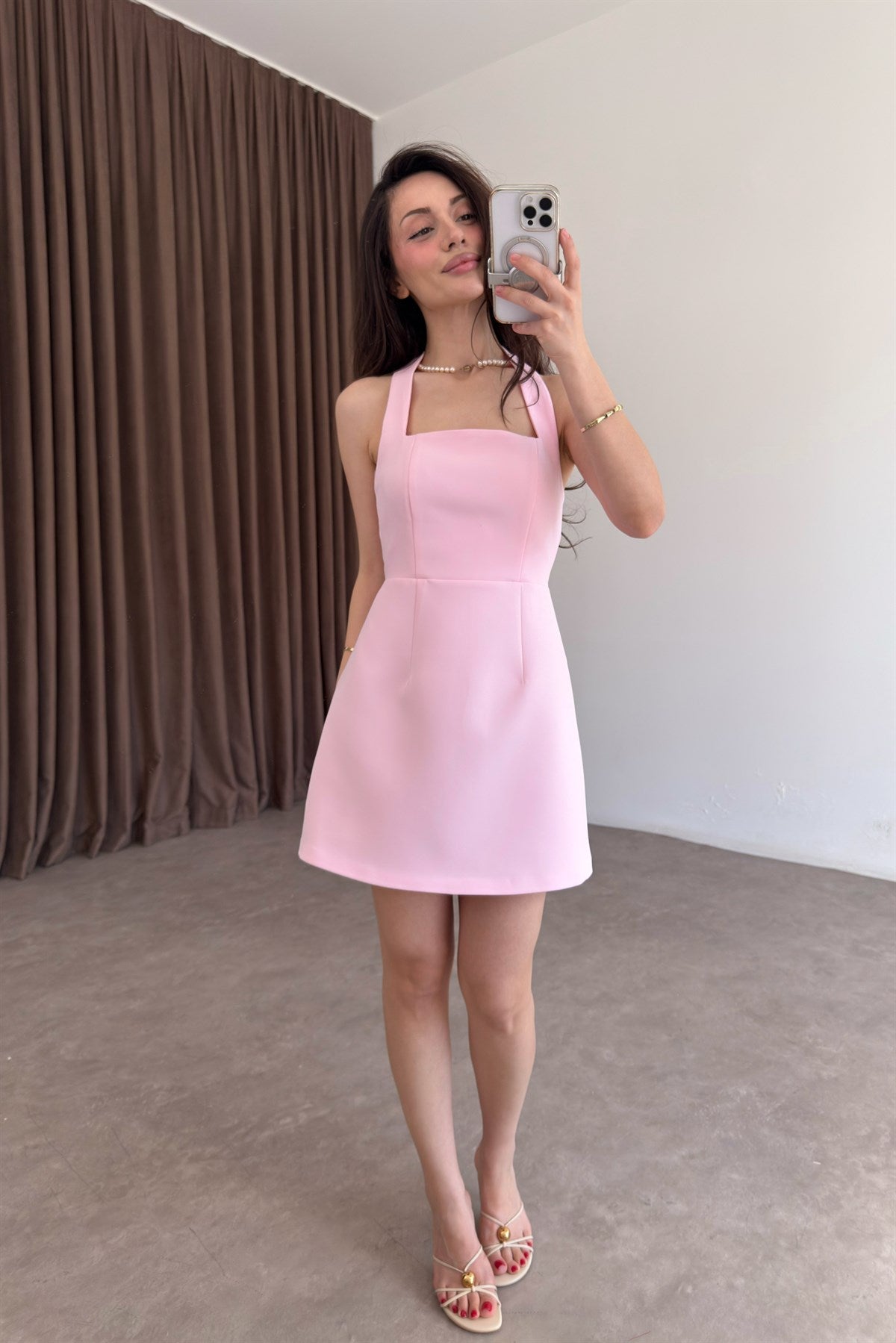 Premium Boyundan Askılı Kalın Krep Kısa Pembe Elbise