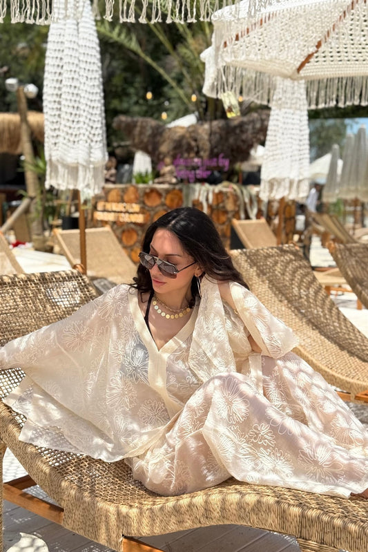 Premium Çiçek Nakışlı Kısa Ekru Kimono