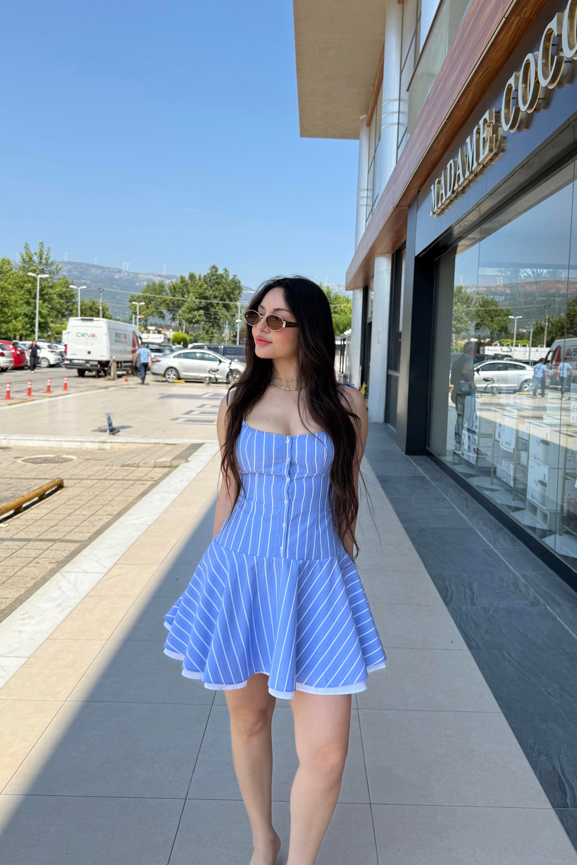 Premium Çizgili Mavi Bağlamalı Askılı Elbise