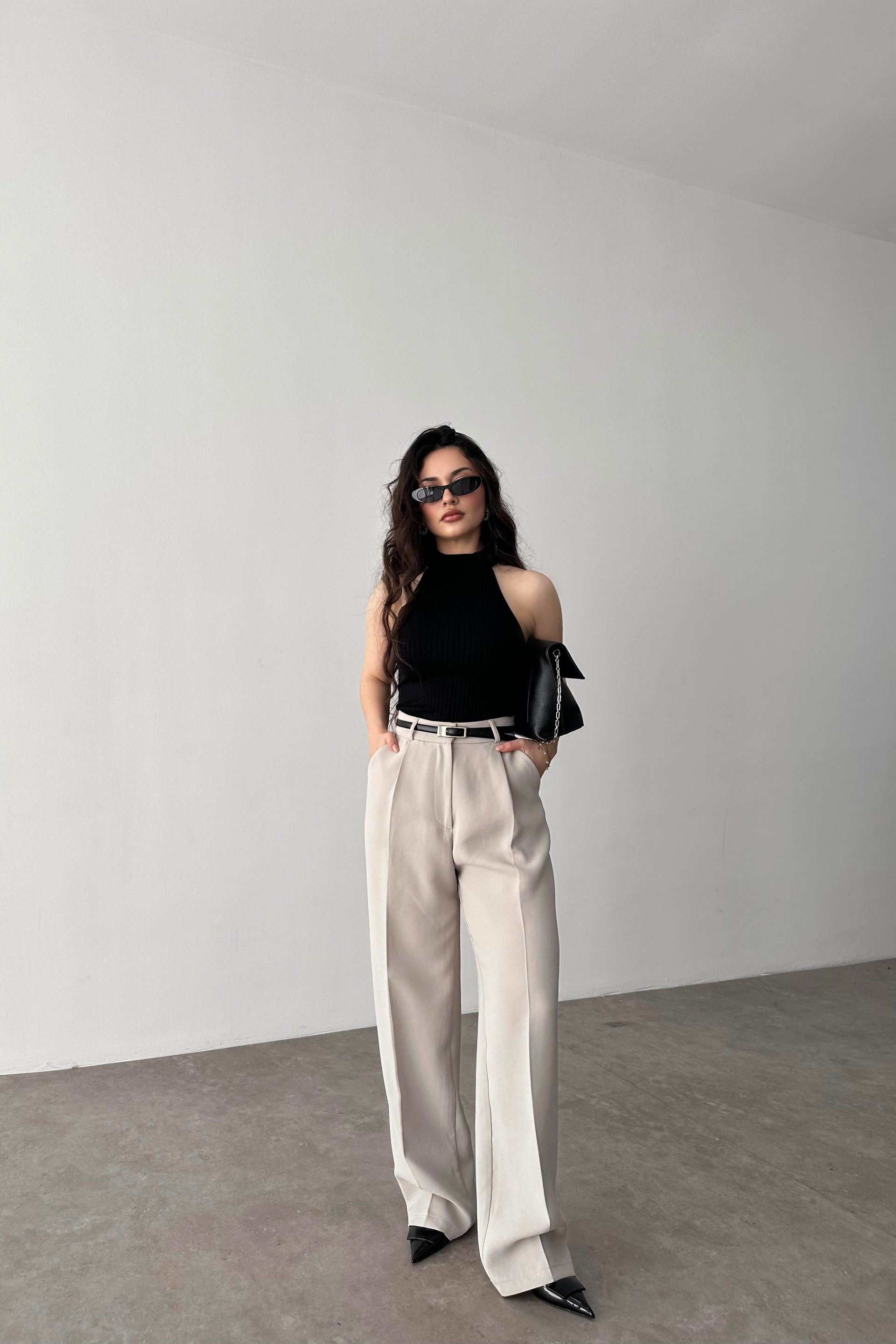 Premium Crep Kumaş Pensli Palazzo Pantolon Taş