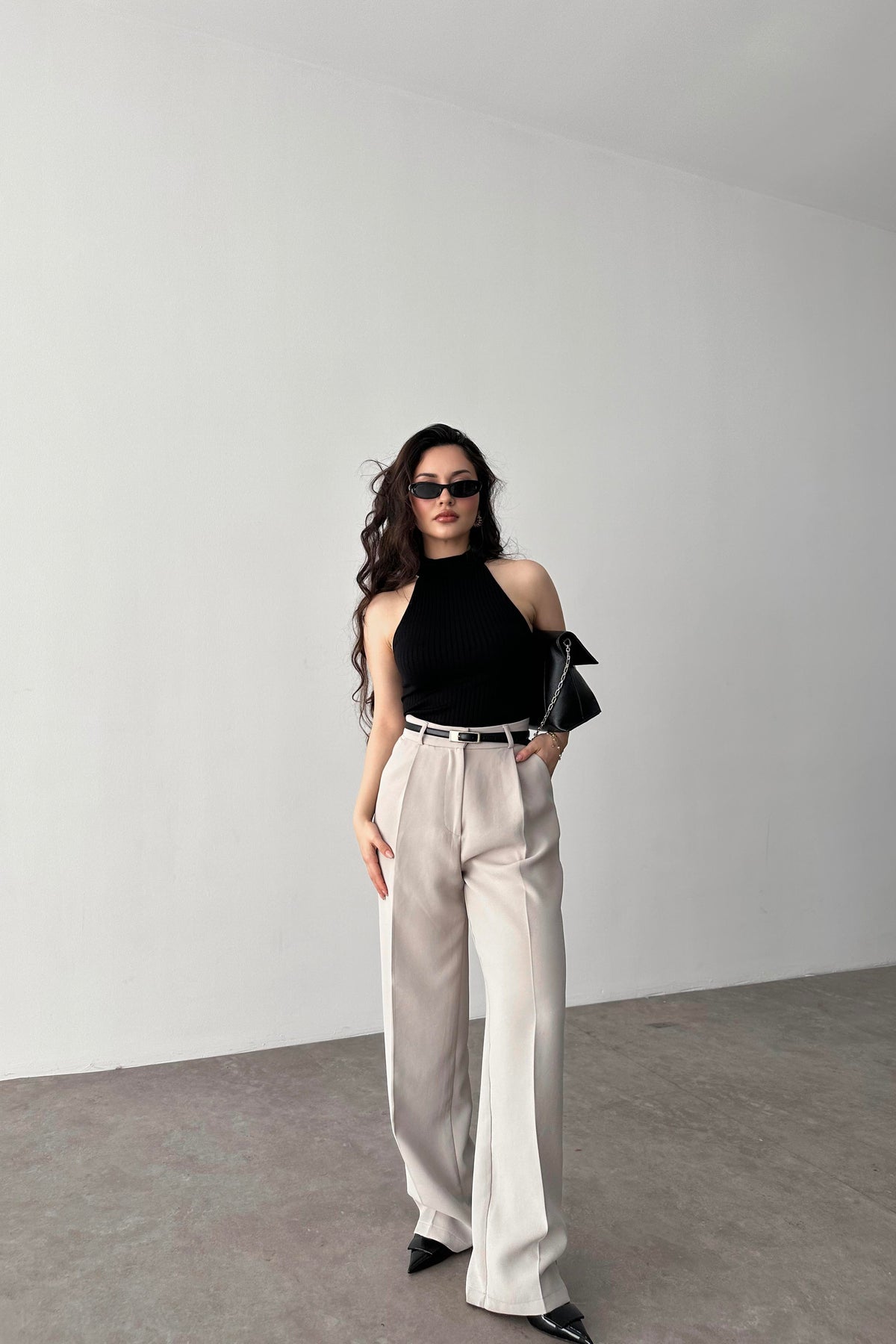 Premium Crep Kumaş Pensli Palazzo Pantolon Taş
