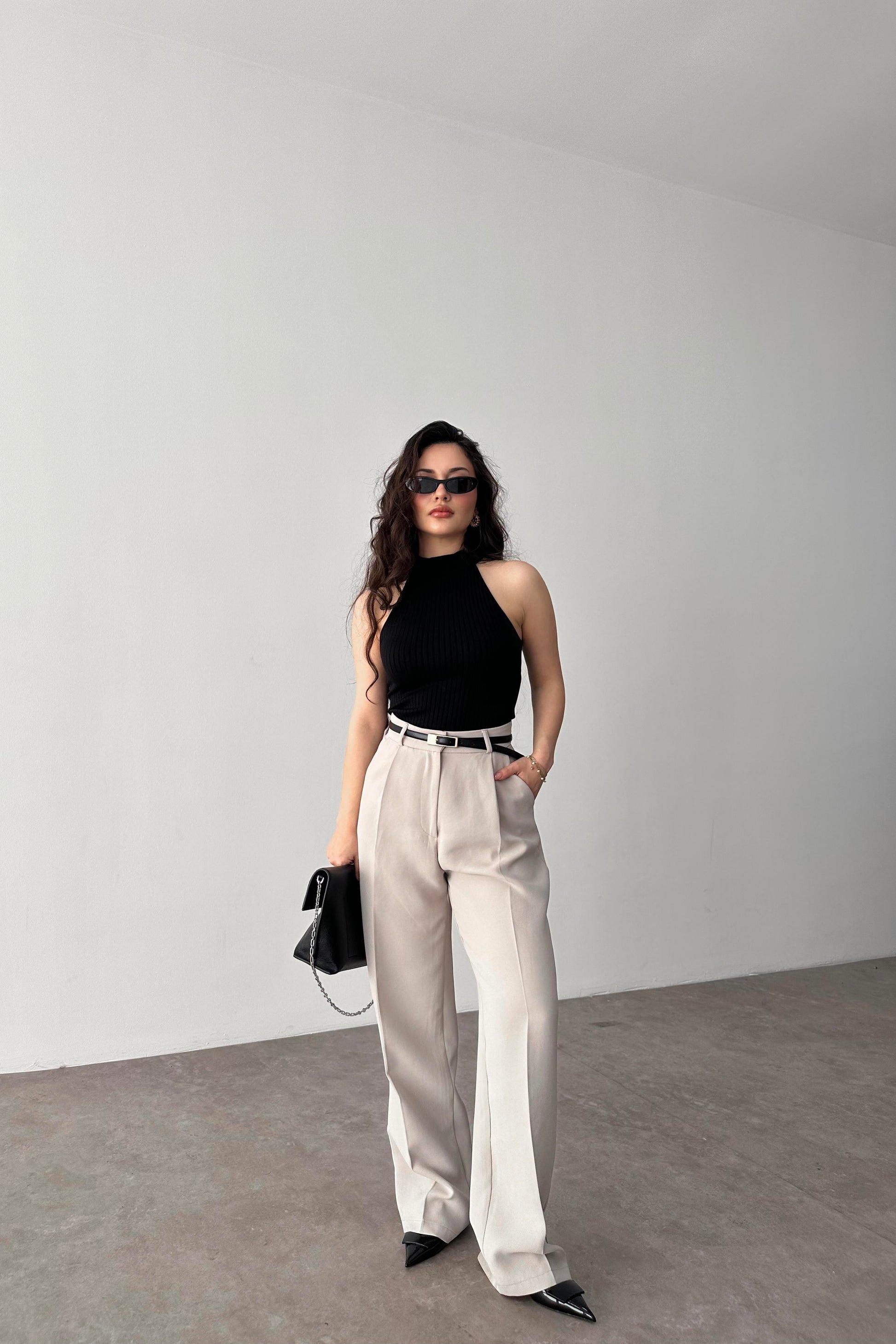 Premium Crep Kumaş Pensli Palazzo Pantolon Taş