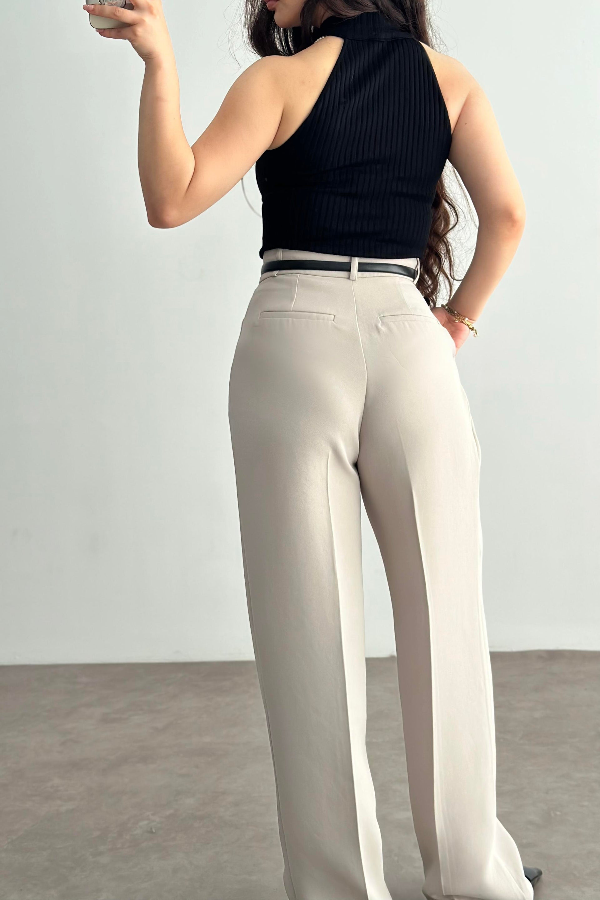 Premium Crep Kumaş Pensli Palazzo Pantolon Taş