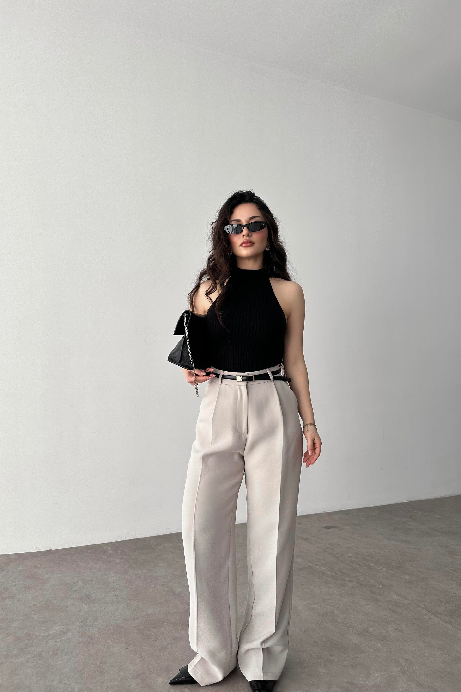 Premium Crep Kumaş Pensli Palazzo Pantolon Taş