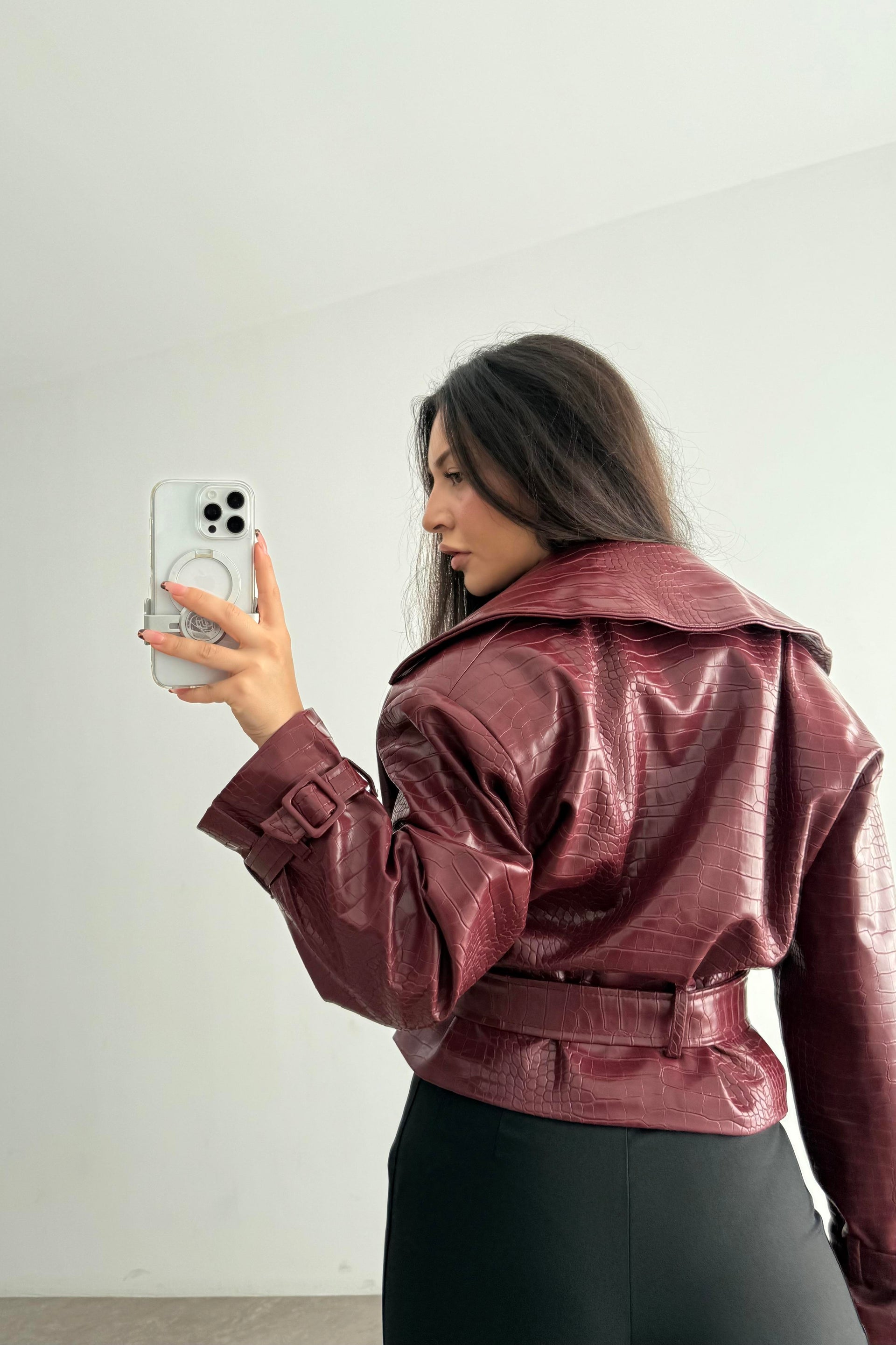 Premium Croko Bordo Deri Ceket